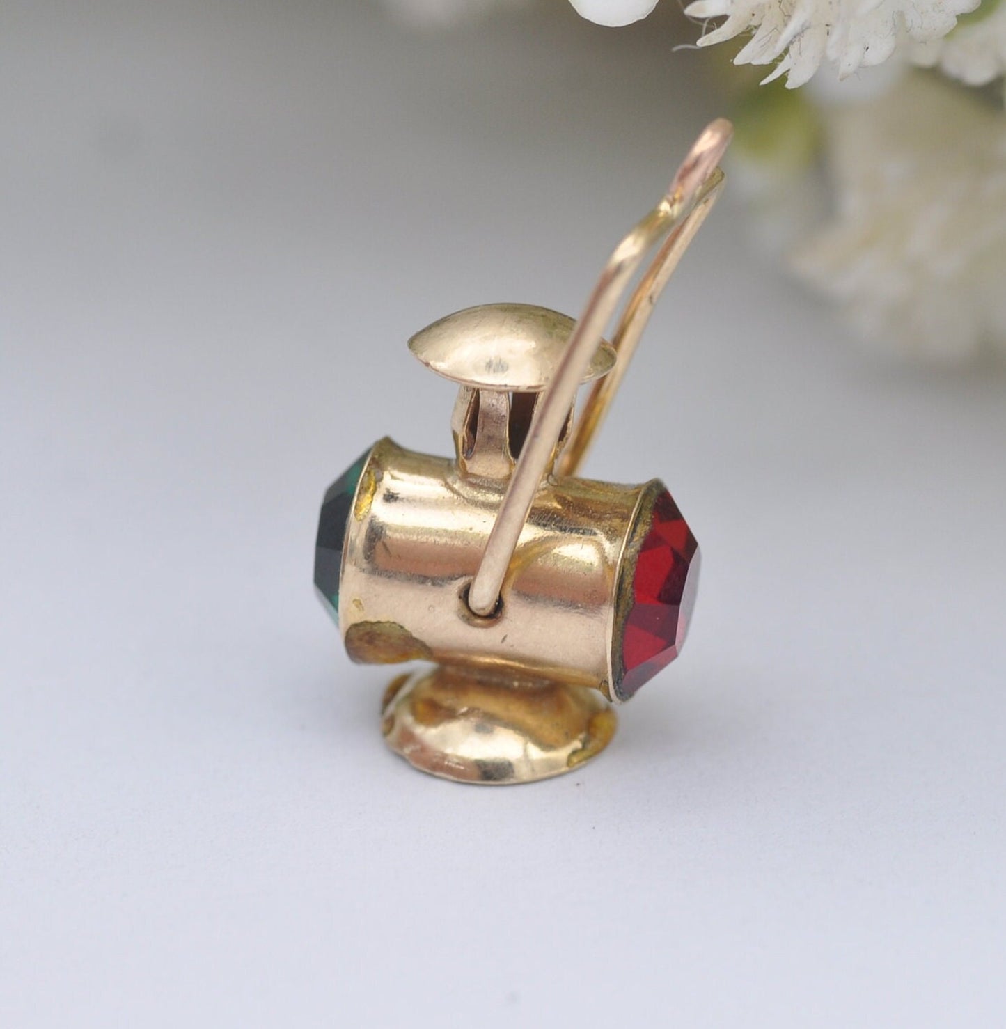 Vintage 9ct Gold Miner's Lamp Charm Pendant by Fred Manshaw 1974 with Red and Green Crystals