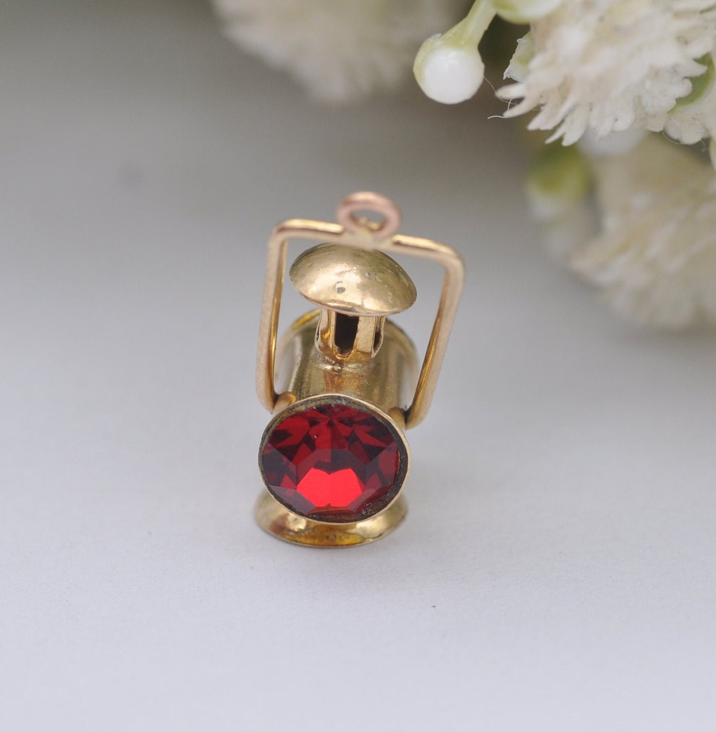 Vintage 9ct Gold Miner's Lamp Charm Pendant by Fred Manshaw 1974 with Red and Green Crystals