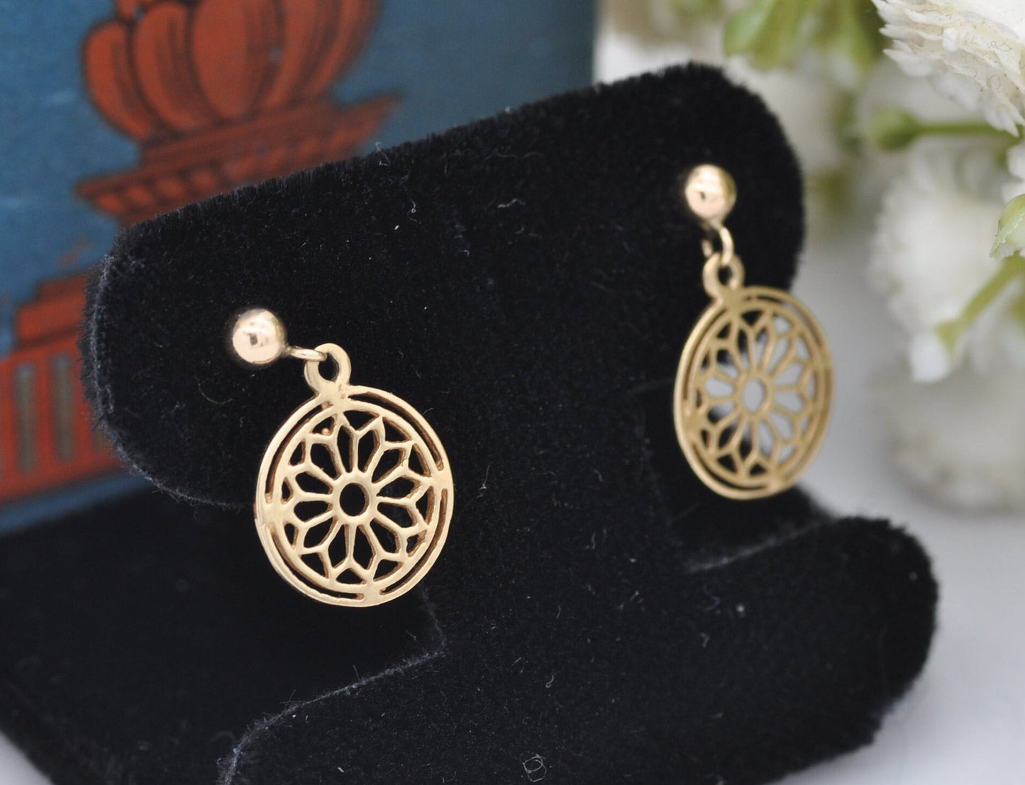 Vintage 9ct Gold Mandala Drop Earrings