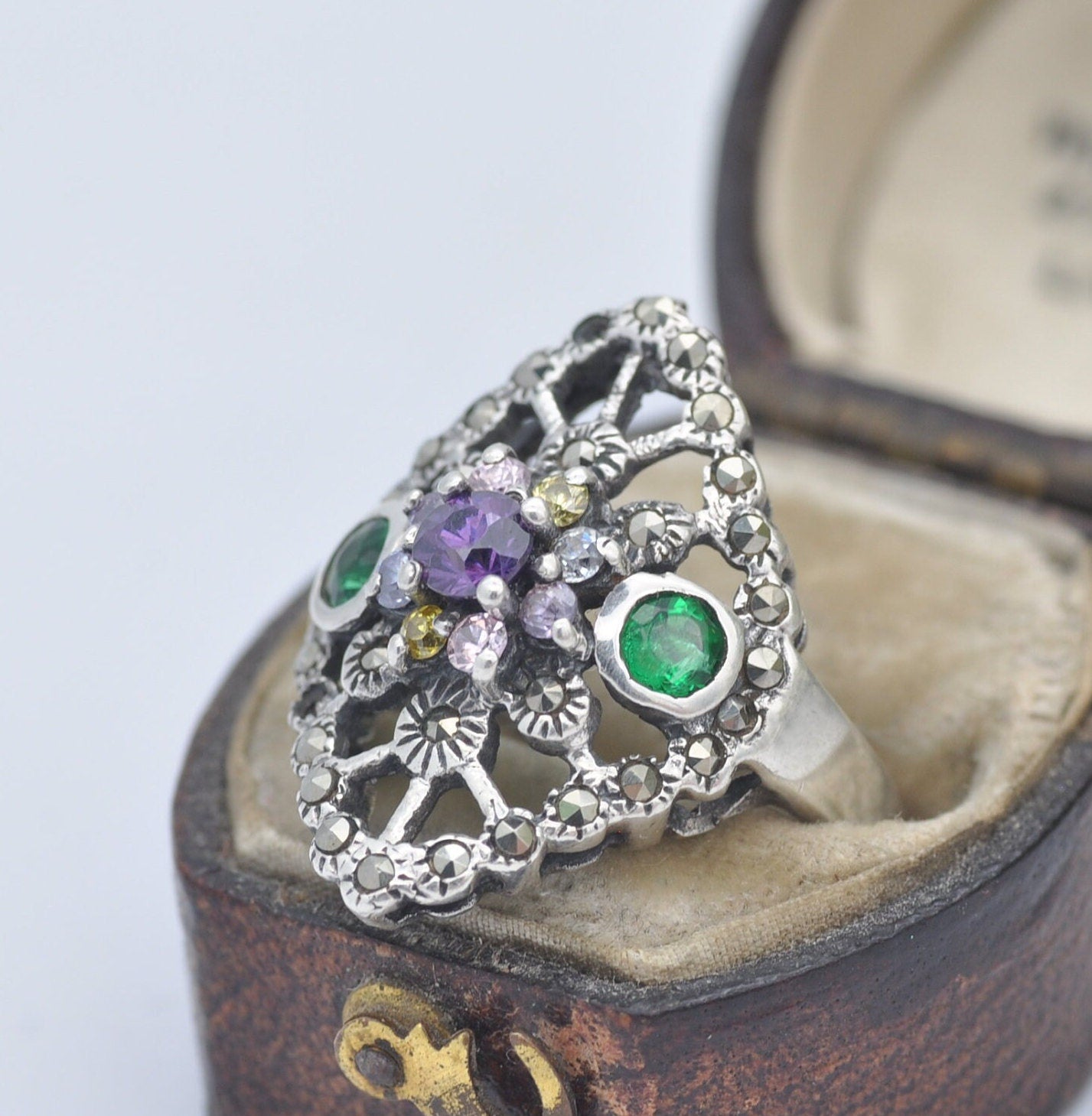 Vintage Sterling Silver Multiple Gemstone Amethyst and Marcasite Ring - Colourful Multigem | UK Size - M | US Size - 6
