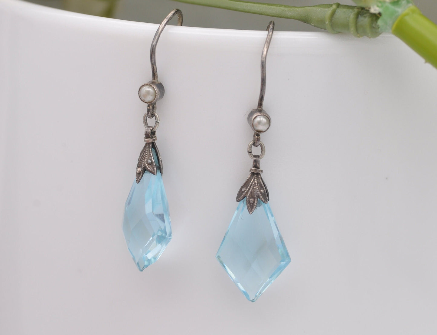 Antique Art Deco Sterling Silver Blue Glass Seed Pearl Drop Earrings