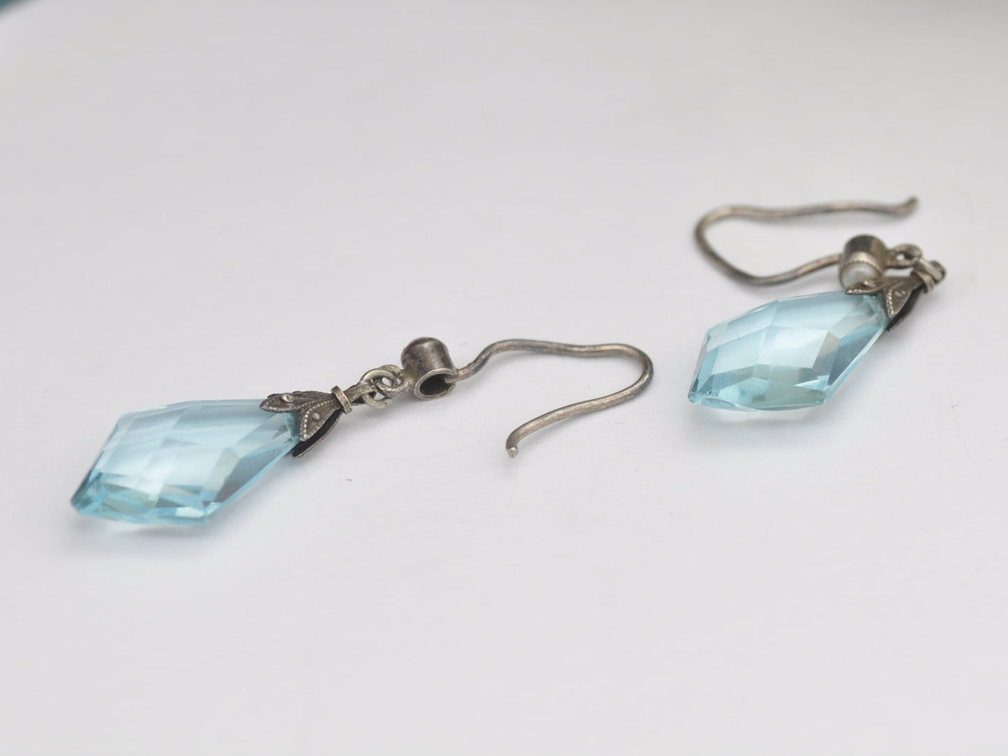 Antique Art Deco Sterling Silver Blue Glass Seed Pearl Drop Earrings