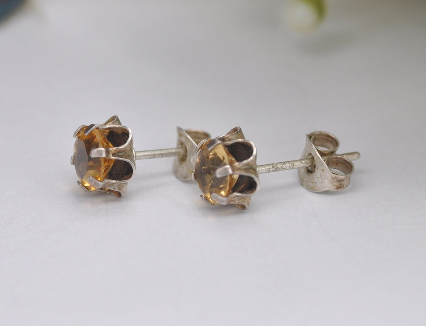 Vintage Sterling Silver Citrine Stud Earrings