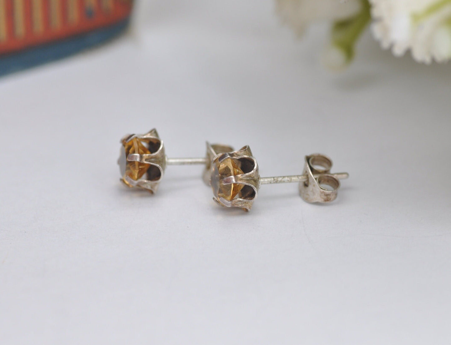 Vintage Sterling Silver Citrine Stud Earrings