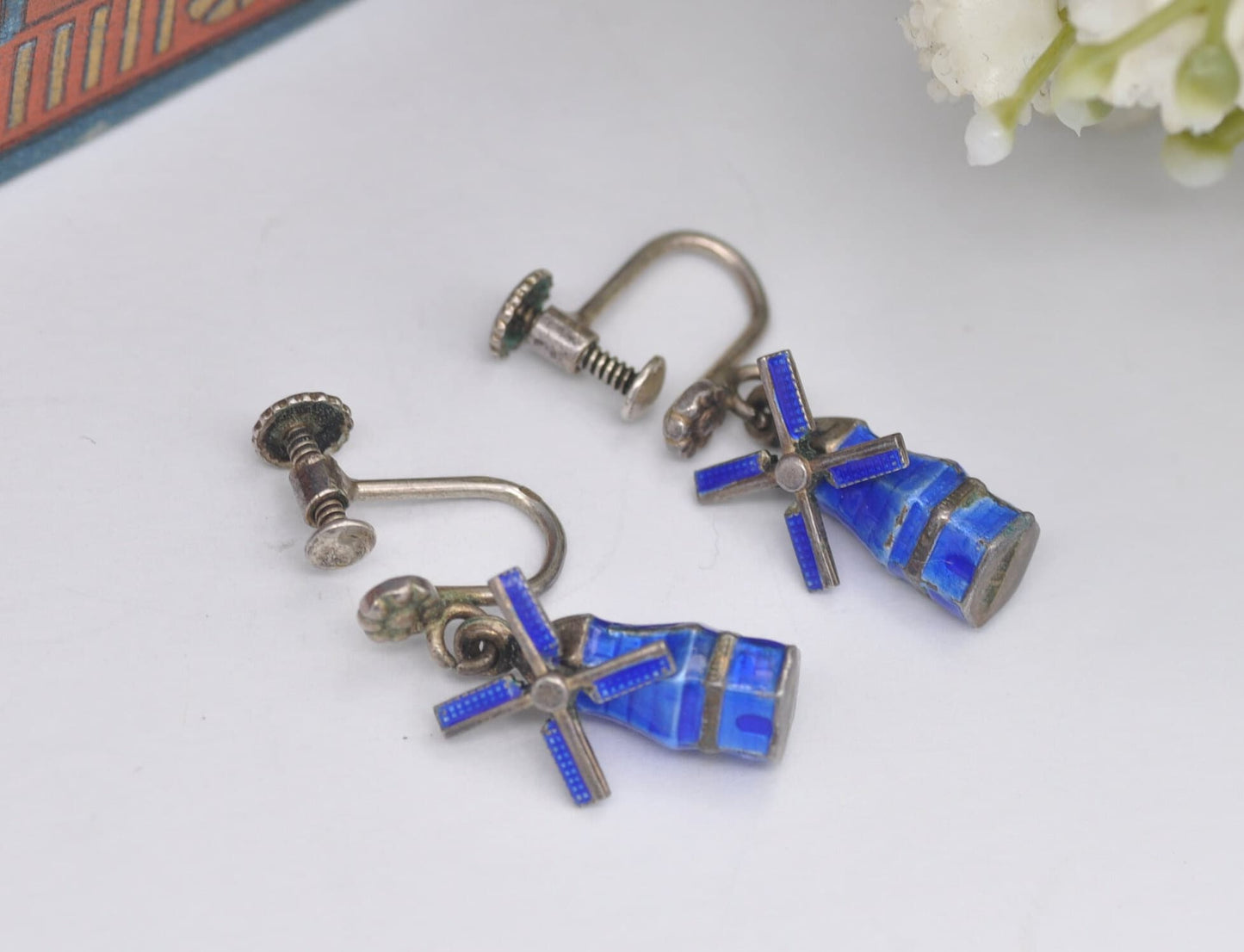 Vintage Dutch Silver Enamel Windmill Screw Back Earrings with Rotating Blades