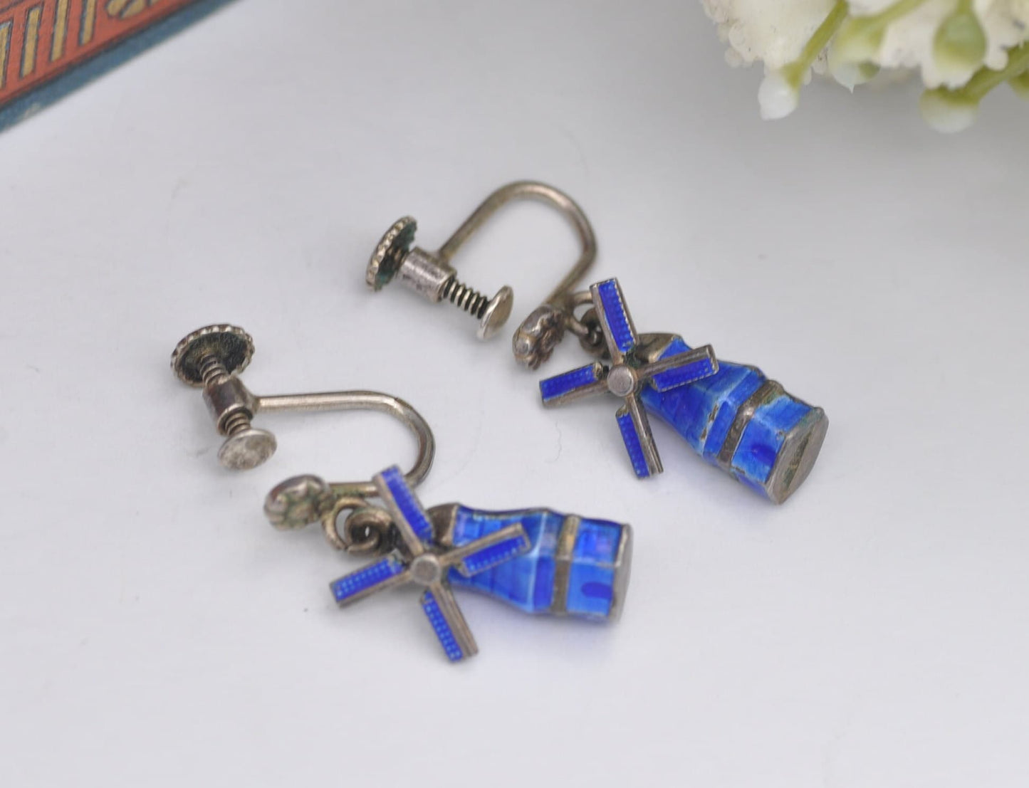 Vintage Dutch Silver Enamel Windmill Screw Back Earrings with Rotating Blades