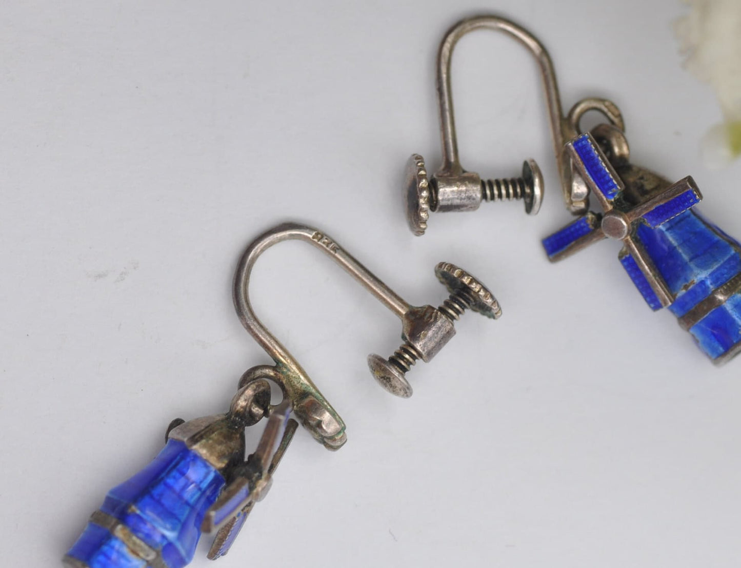 Vintage Dutch Silver Enamel Windmill Screw Back Earrings with Rotating Blades