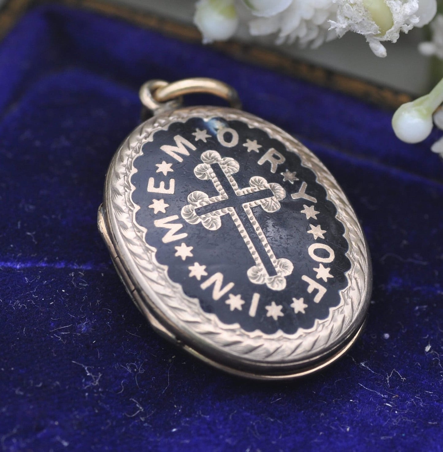 Antique Victorian Gold Back and Front Mourning Locket with Bloodstone Shield Back - Black Enamel | In Memory Of