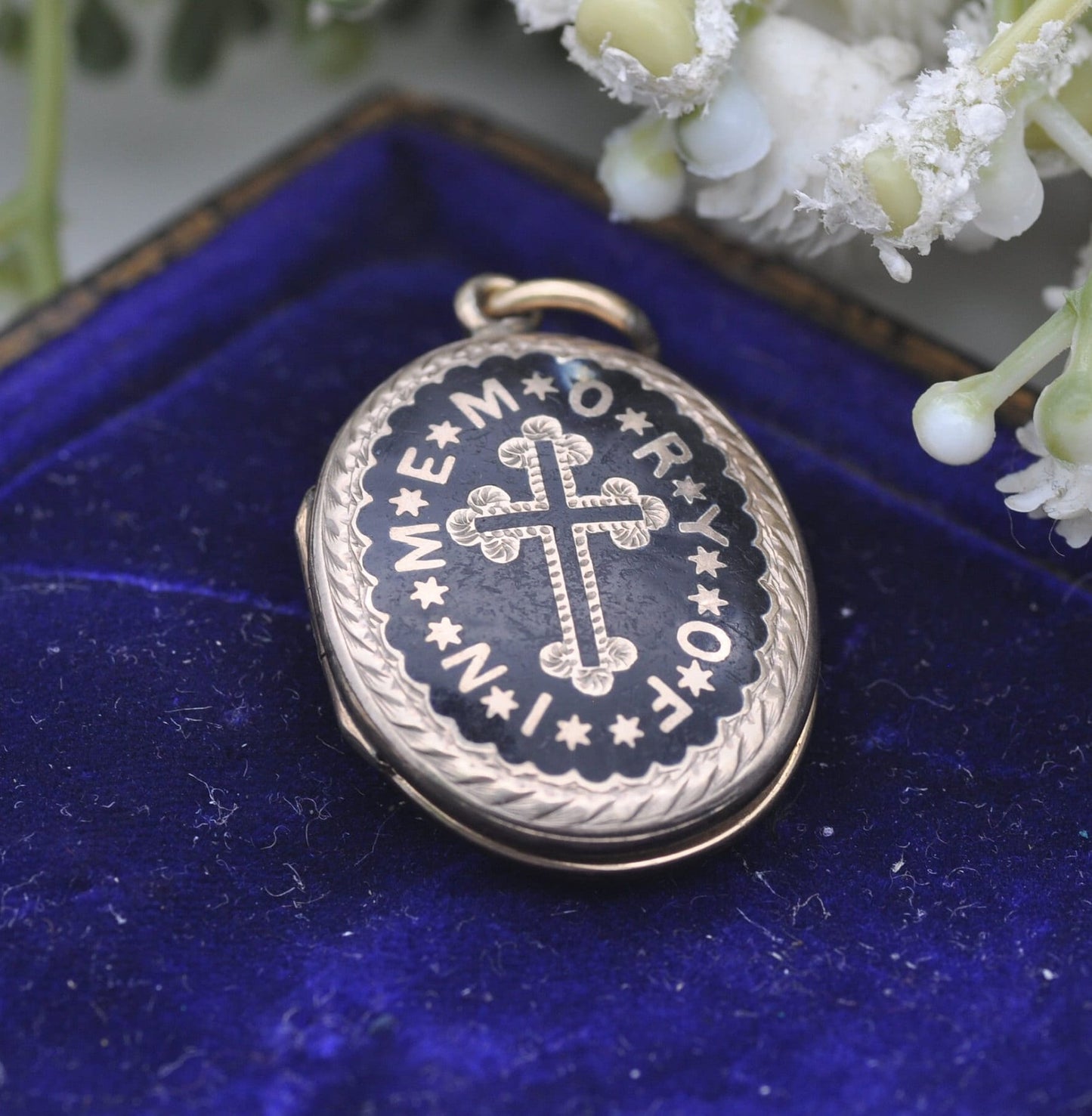 Antique Victorian Gold Back and Front Mourning Locket with Bloodstone Shield Back - Black Enamel | In Memory Of