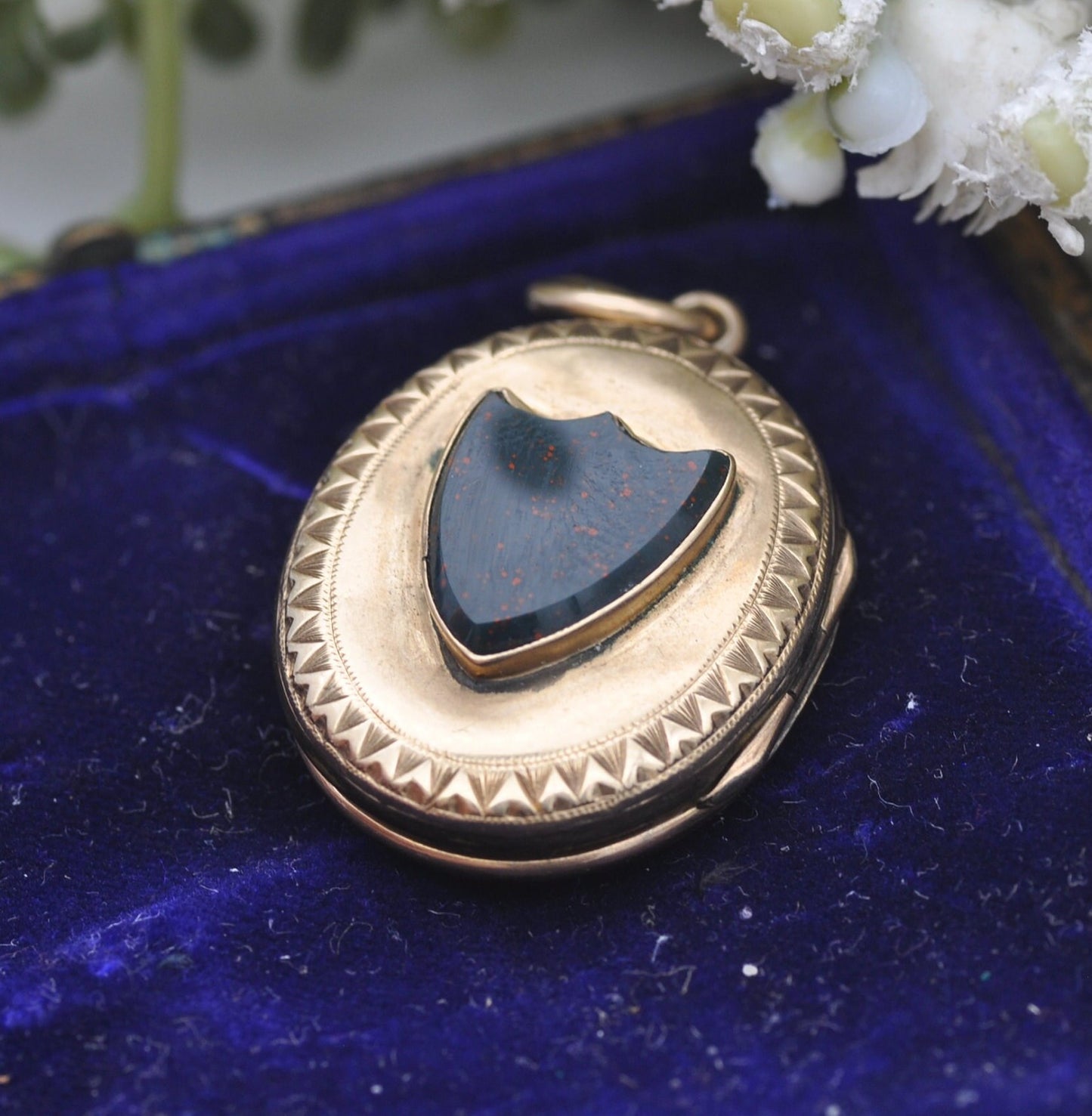 Antique Victorian Gold Back and Front Mourning Locket with Bloodstone Shield Back - Black Enamel | In Memory Of
