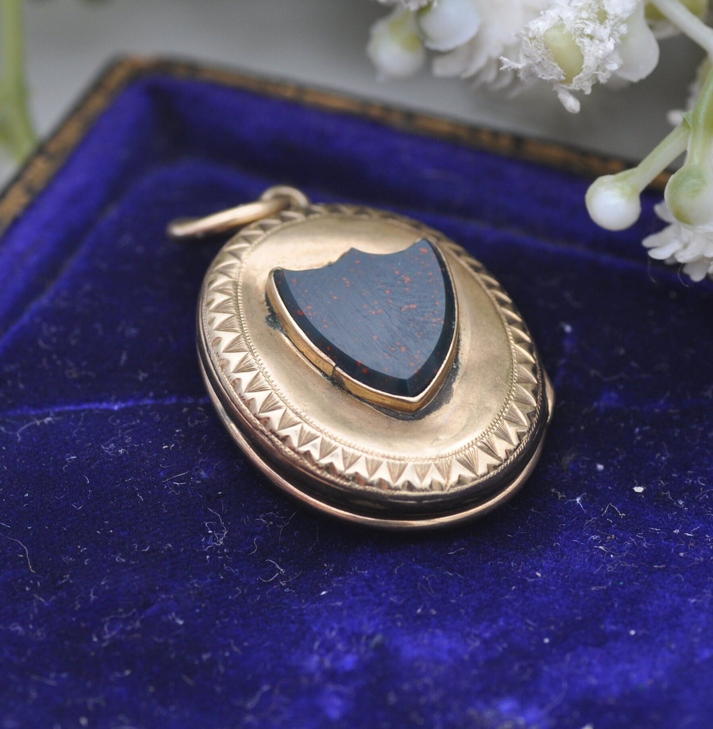 Antique Victorian Gold Back and Front Mourning Locket with Bloodstone Shield Back - Black Enamel | In Memory Of
