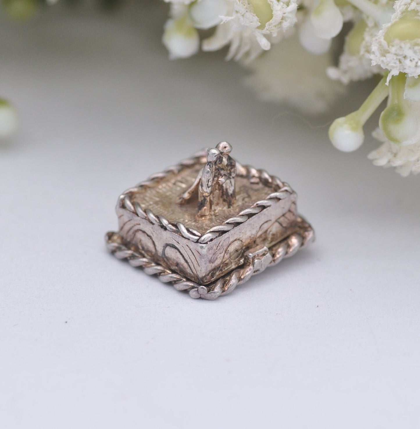Vintage Silver Wedding Cake Charm Pendant with Couple On - Opening to reveal Double Bed