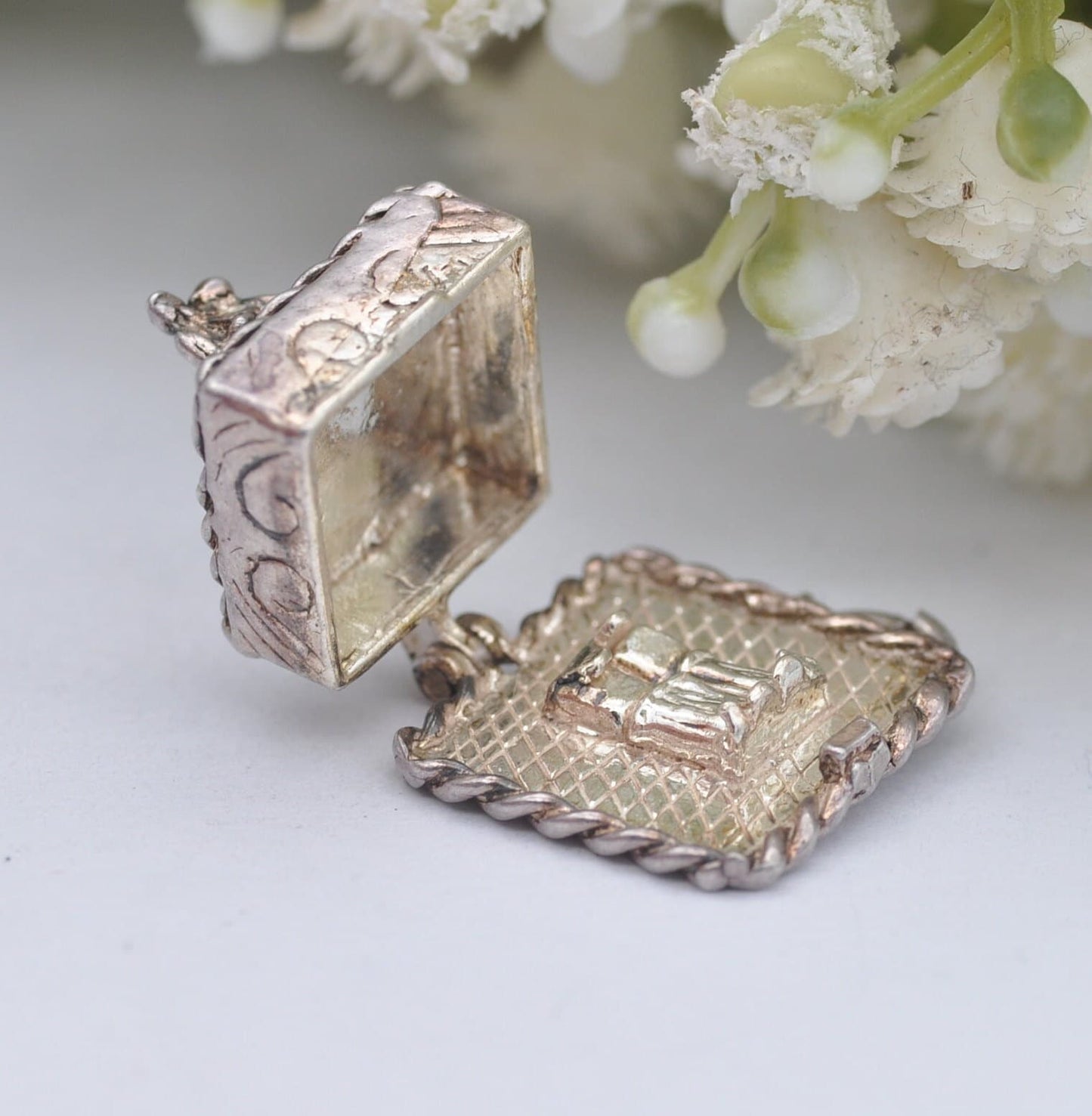 Vintage Silver Wedding Cake Charm Pendant with Couple On - Opening to reveal Double Bed