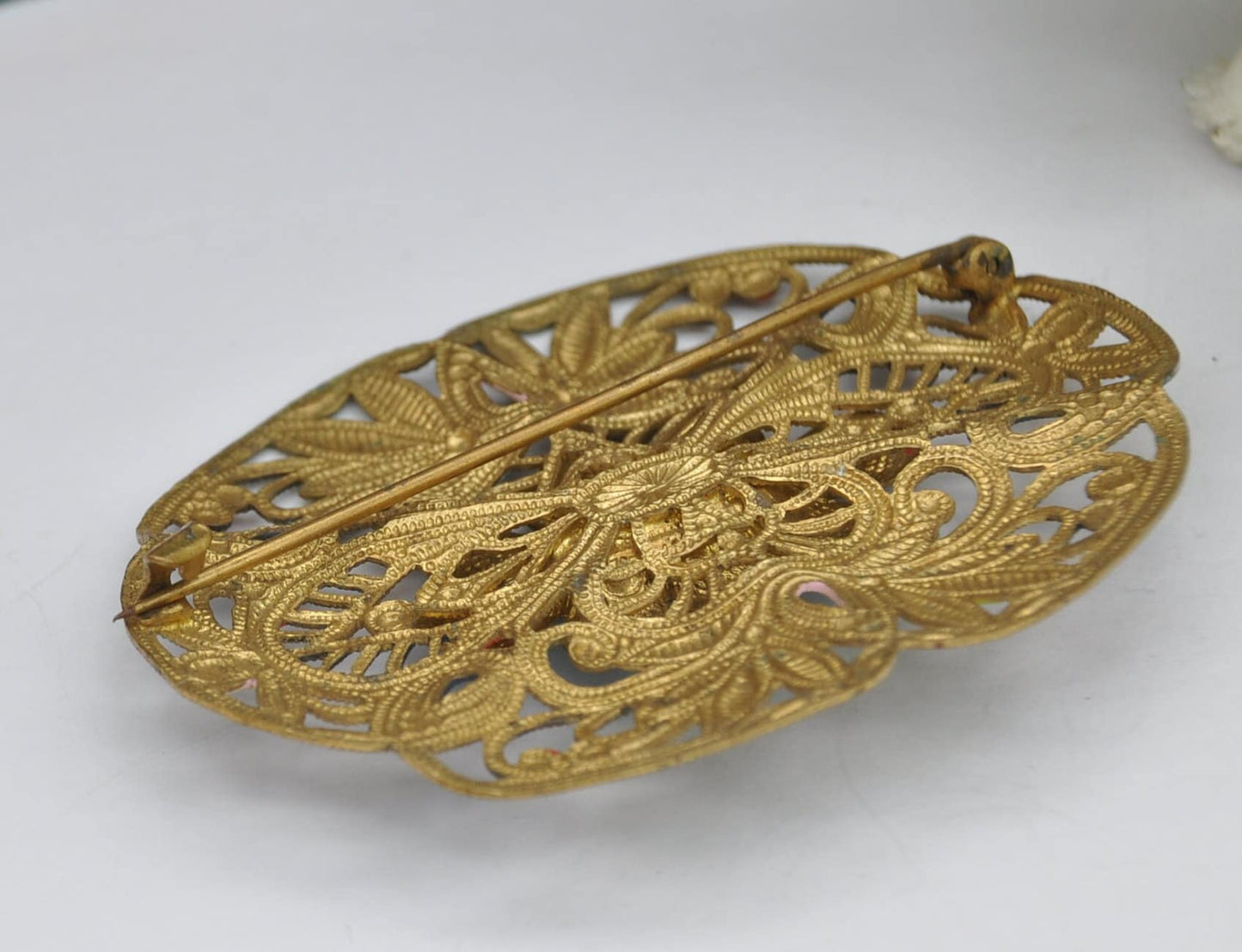 Vintage Czech Filigree Enamel Flower Brooch Set with Peking Glass
