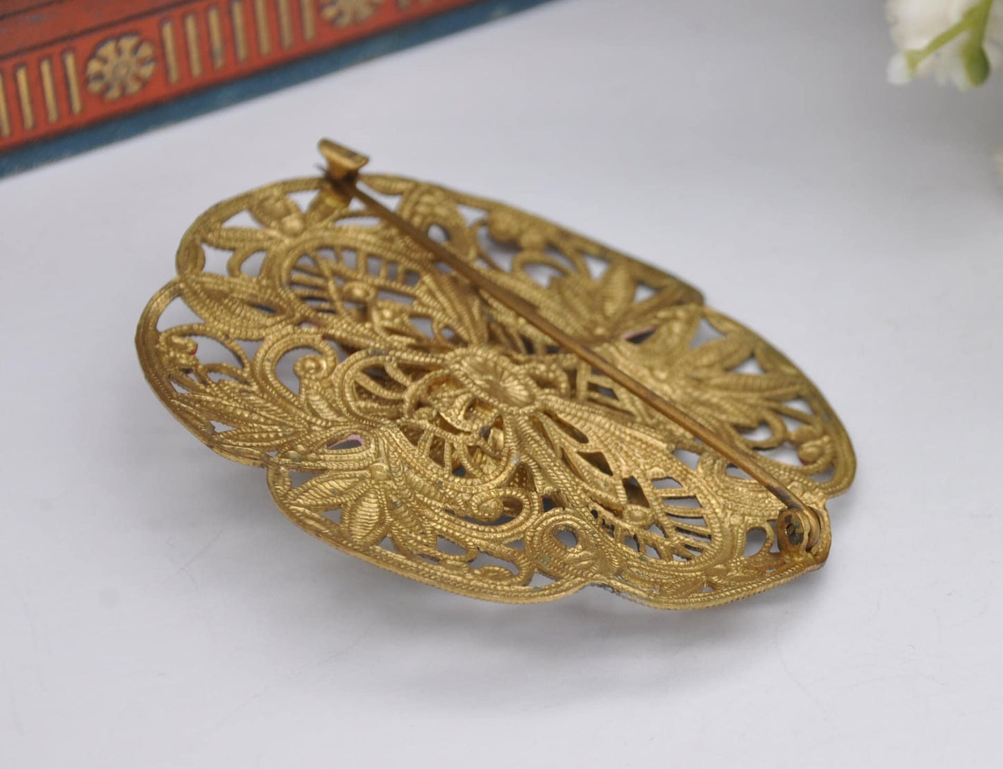 Vintage Czech Filigree Enamel Flower Brooch Set with Peking Glass
