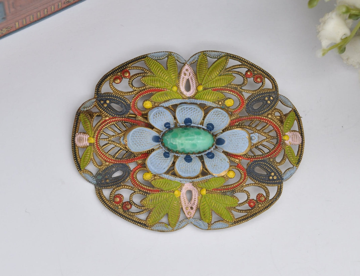 Vintage Czech Filigree Enamel Flower Brooch Set with Peking Glass
