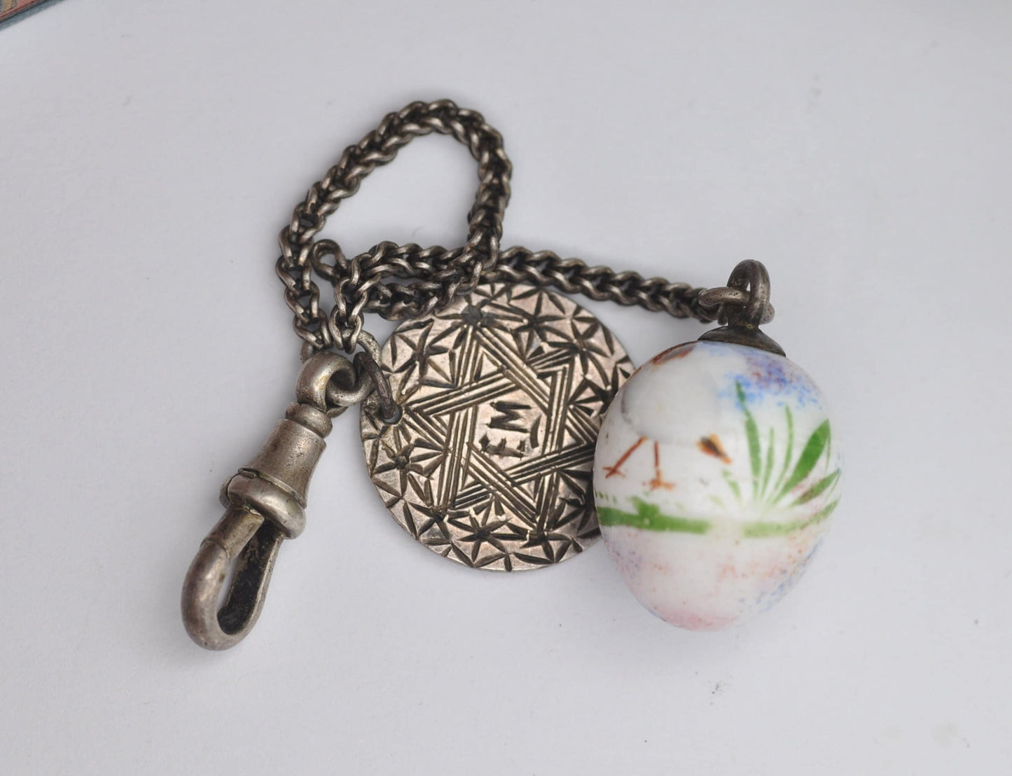Antique Victorian Silver Dog Clip Fob Collection with Painted Bird Egg and Threepence Coin Love Token Engraved EM