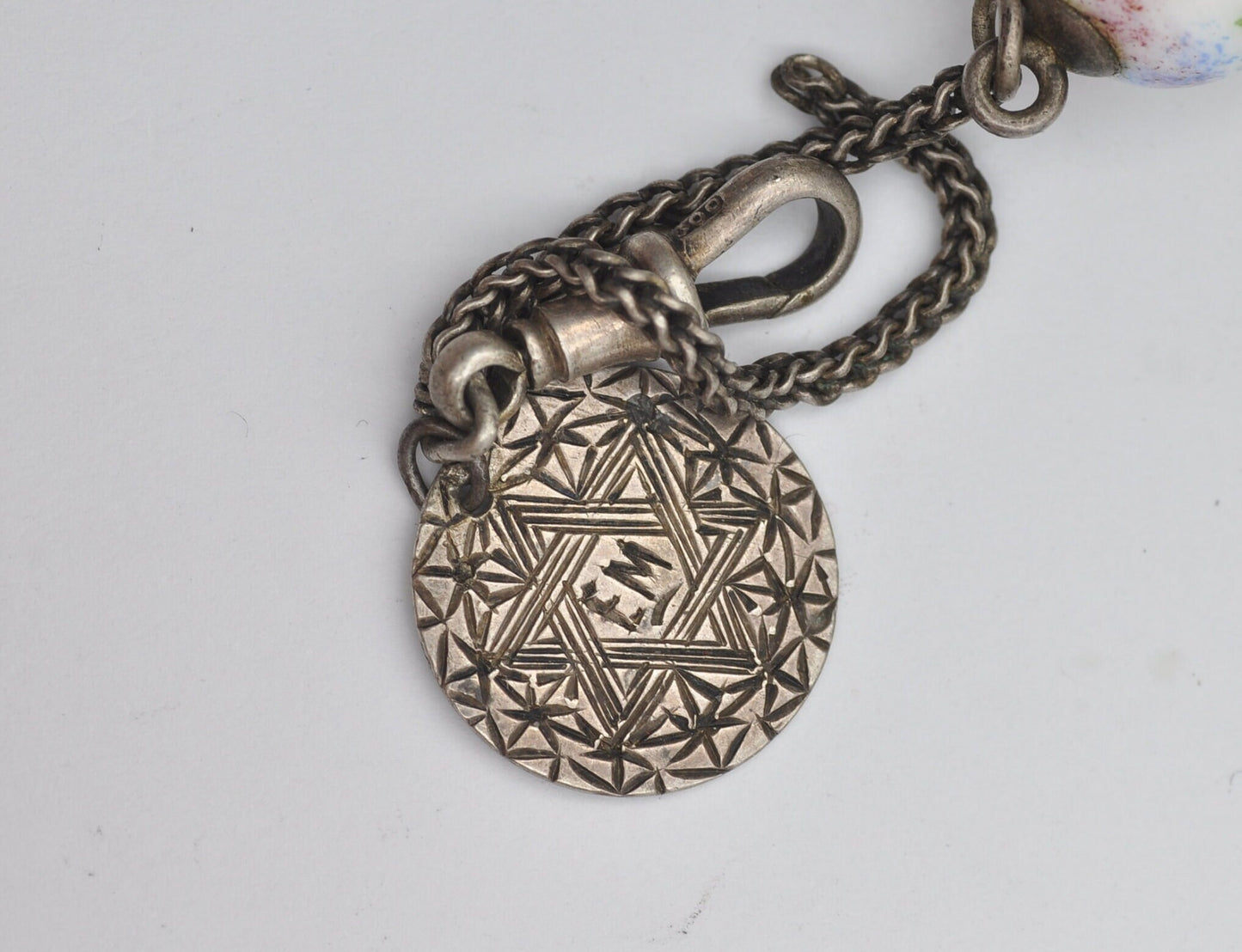 Antique Victorian Silver Dog Clip Fob Collection with Painted Bird Egg and Threepence Coin Love Token Engraved EM