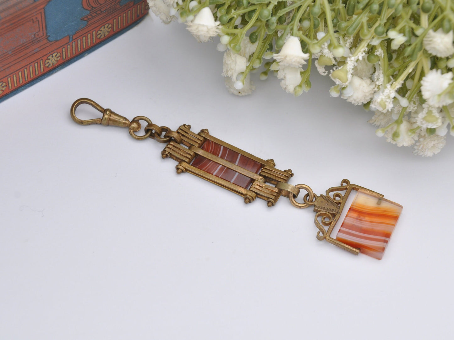 Antique Red Banded Agate Watch Fob with Dog Clip