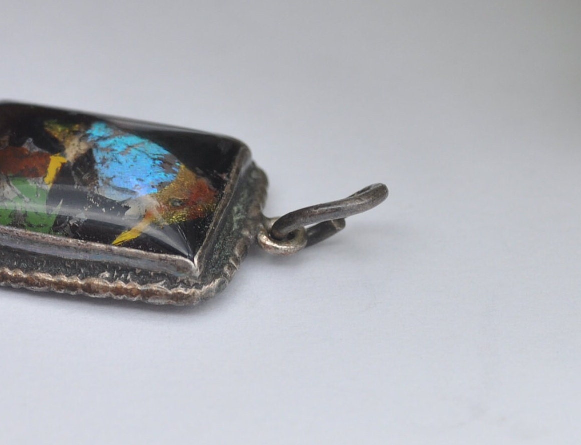 Antique Art Deco Sterling Silver Butterfly Wing Kingfisher Bird Pendant