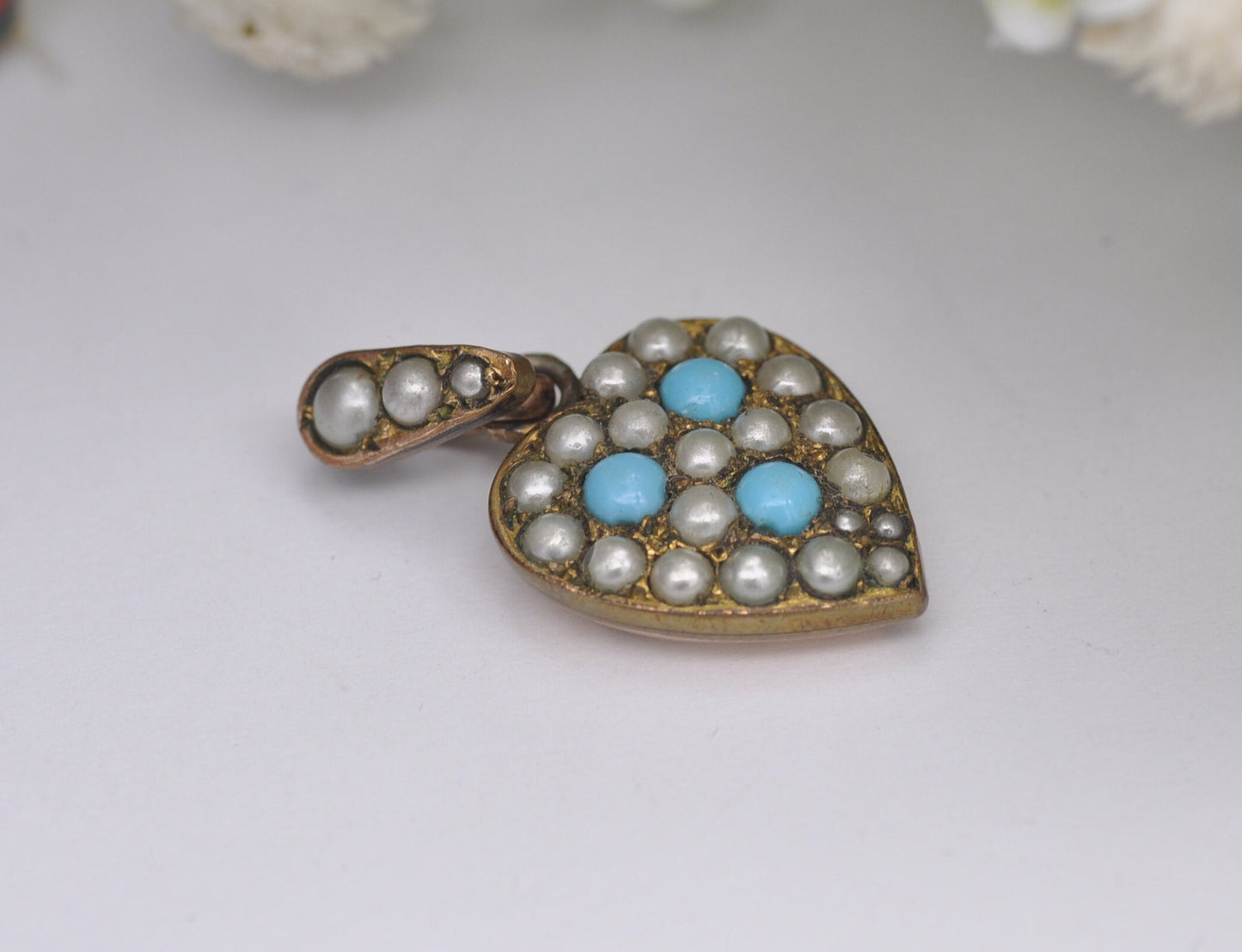 Antique Victorian Rolled Gold Heart Pendant with Faux Turquoise and Seed Pearls by G & Co