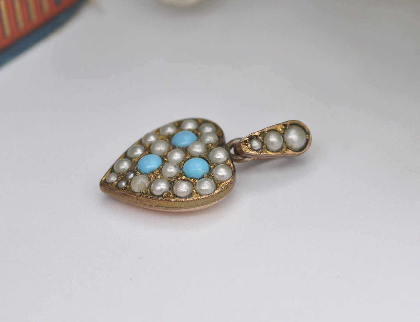 Antique Victorian Rolled Gold Heart Pendant with Faux Turquoise and Seed Pearls by G & Co