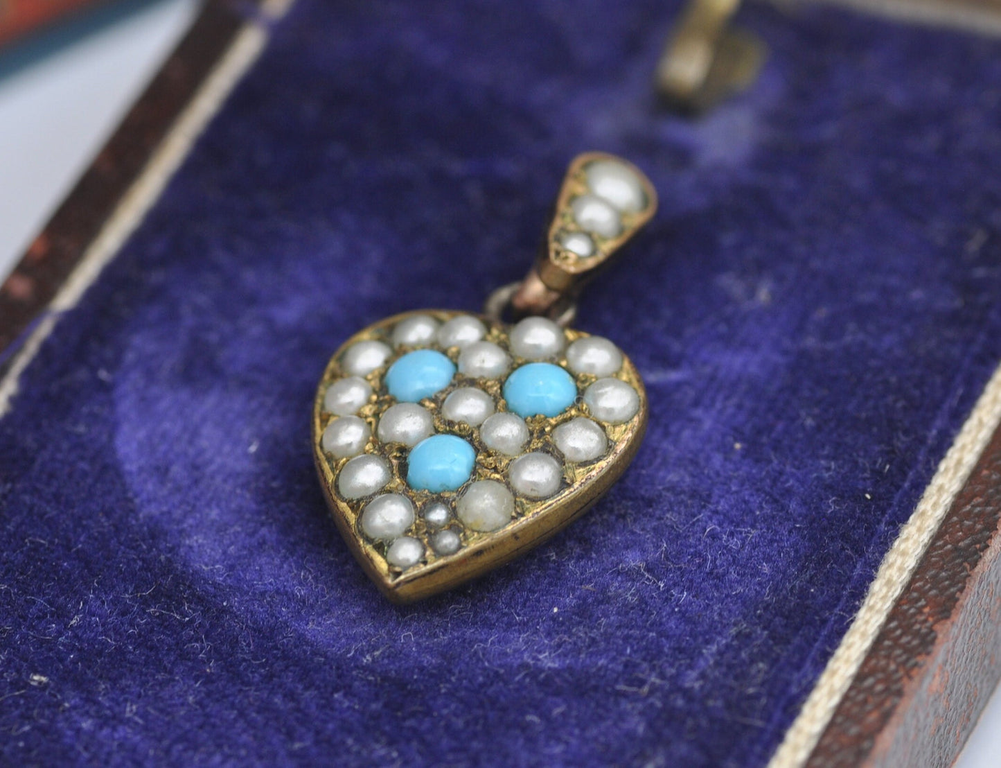 Antique Victorian Rolled Gold Heart Pendant with Faux Turquoise and Seed Pearls by G & Co