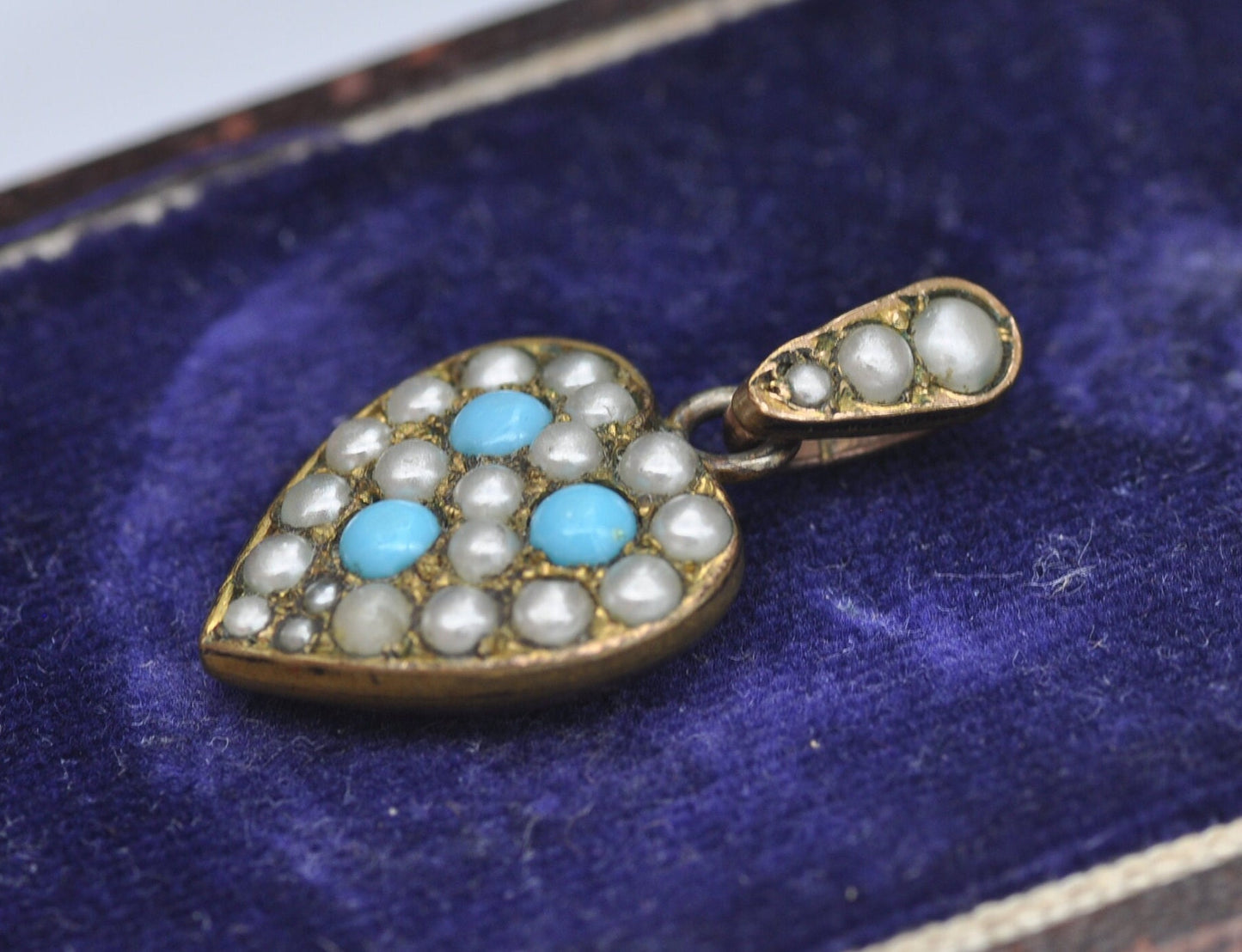 Antique Victorian Rolled Gold Heart Pendant with Faux Turquoise and Seed Pearls by G & Co