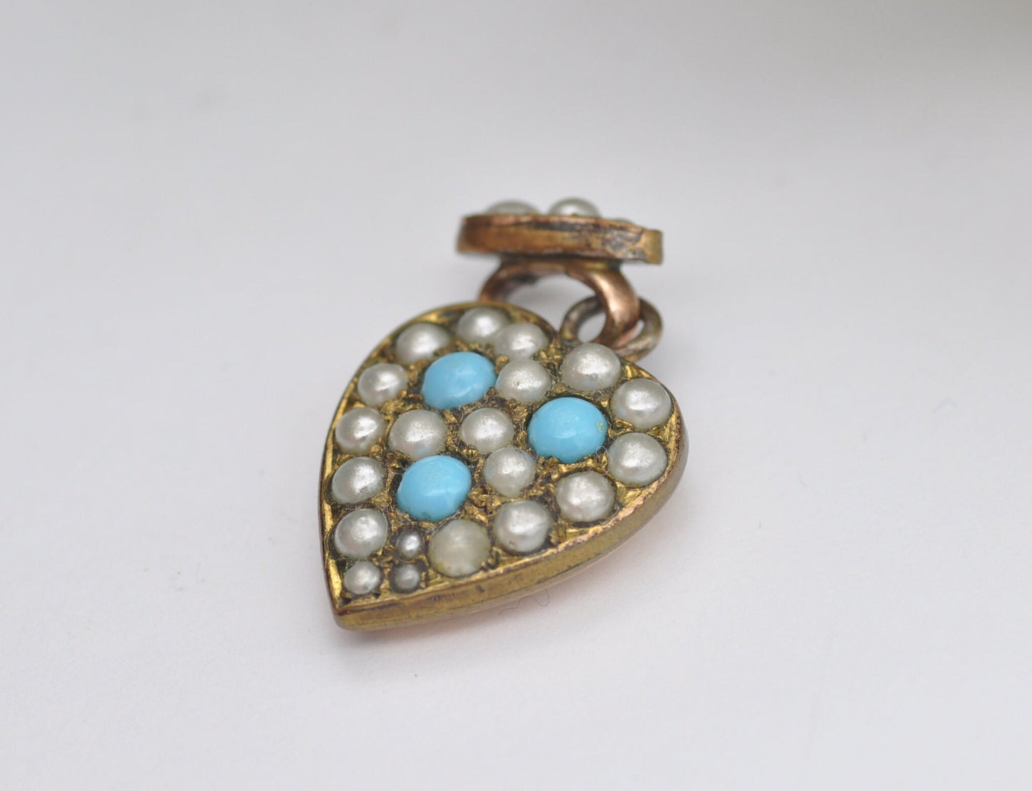 Antique Victorian Rolled Gold Heart Pendant with Faux Turquoise and Seed Pearls by G & Co