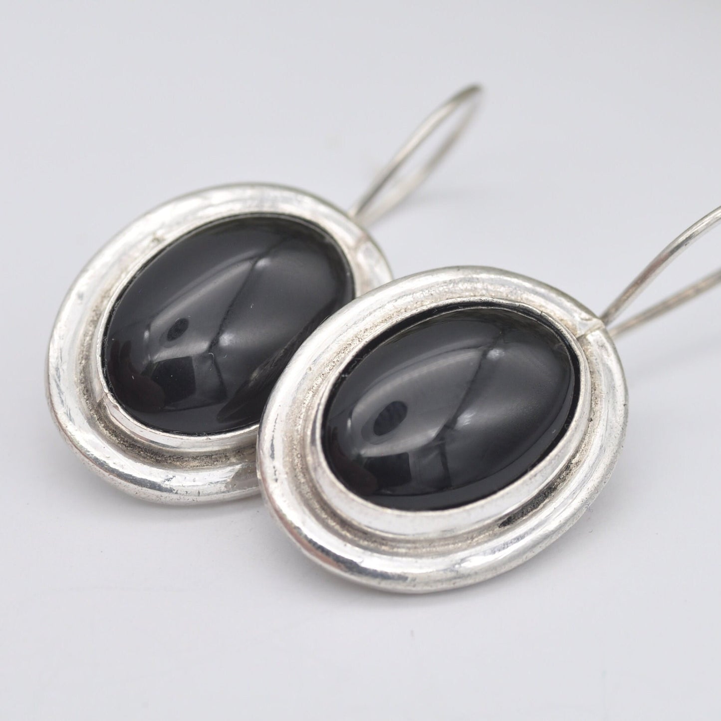 Vintage Silver Onyx Drop Earrings - Large Statement Cabochon Gemstones