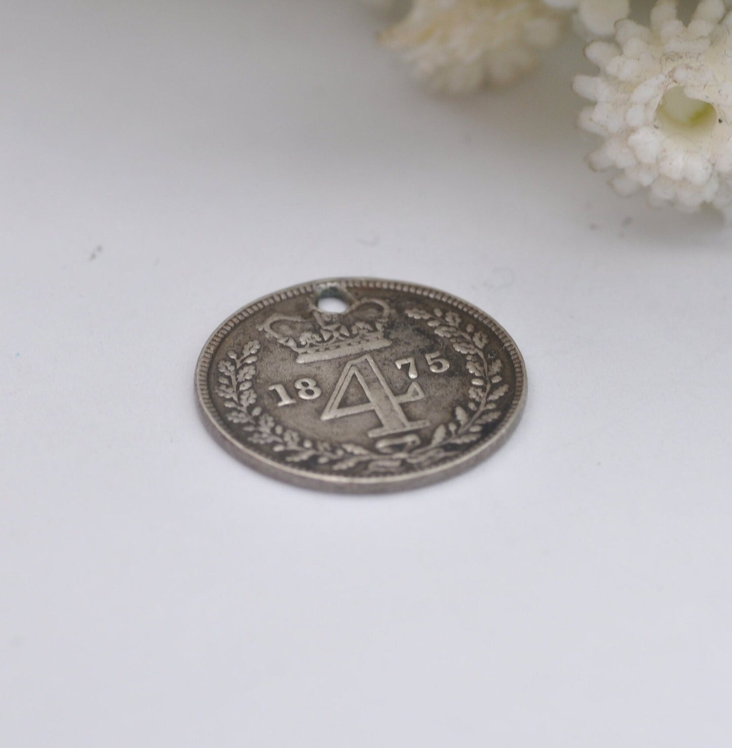 Antique Victorian Silver Fourpence 1875 Maundy Coin Charm Pendant - Young Head | Old Groat | Pierced Coin Jewellery