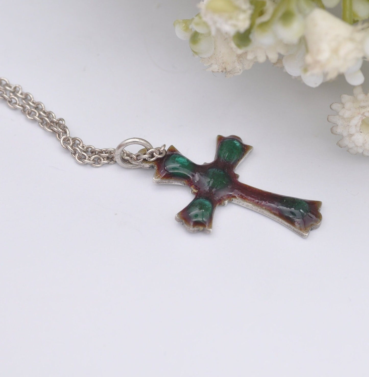 Vintage Sterling Silver Enamel Cross Pendant Necklace on a Cable Link Chain