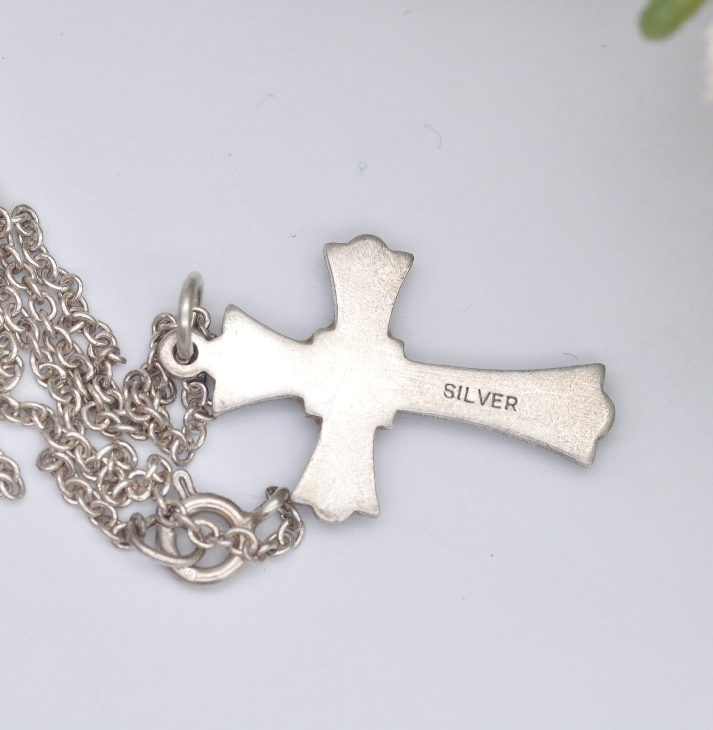 Vintage Sterling Silver Enamel Cross Pendant Necklace on a Cable Link Chain