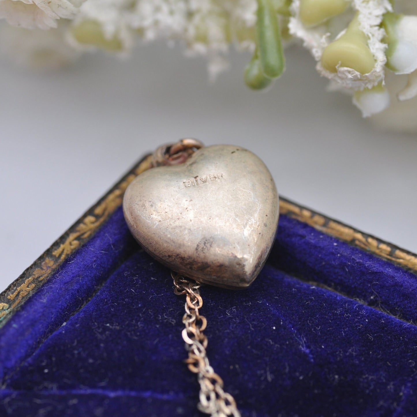 Antique Sterling Silver Puffed Heart Pendant Necklace with Hand Cut Design