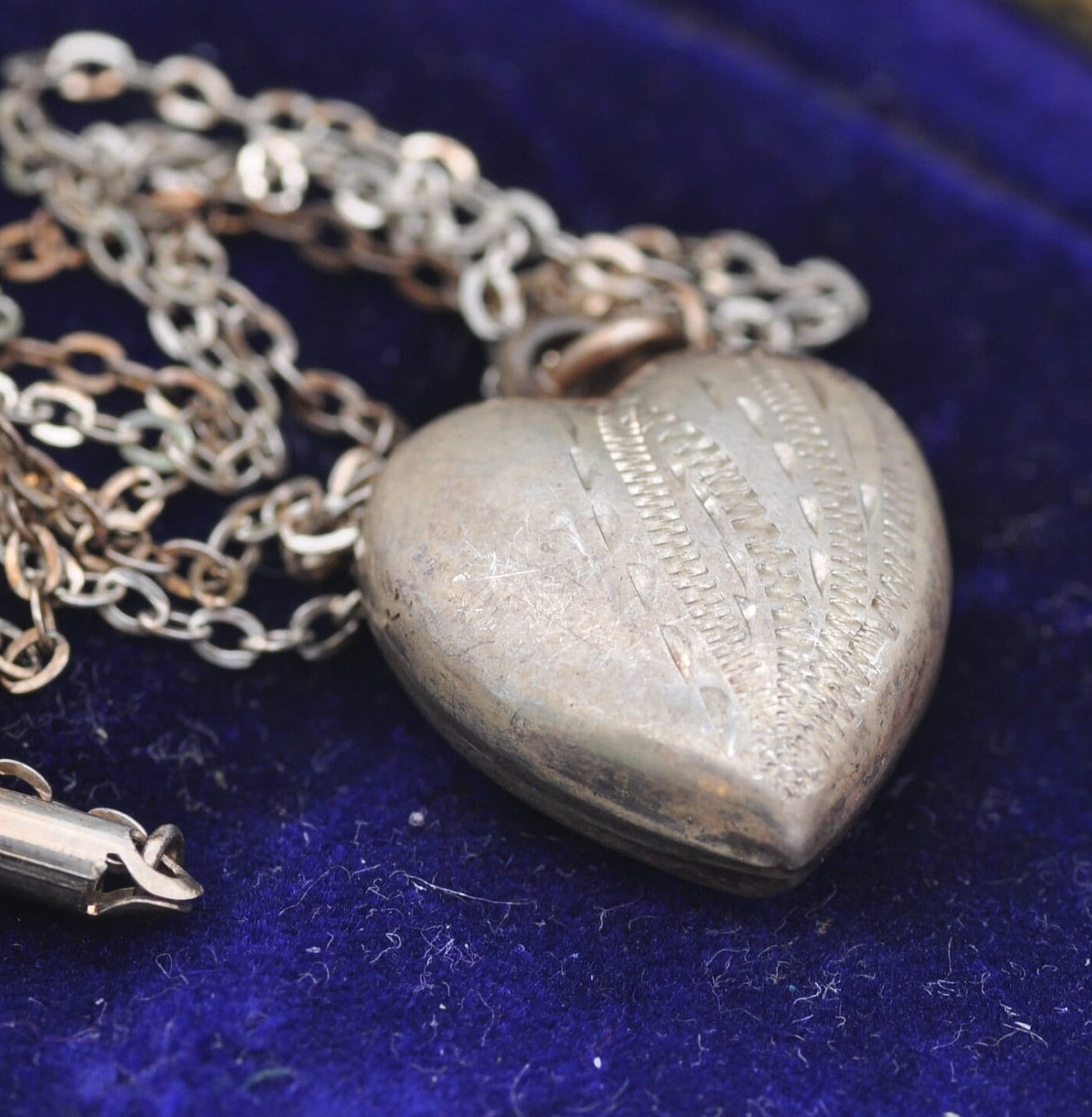 Antique Sterling Silver Puffed Heart Pendant Necklace with Hand Cut Design