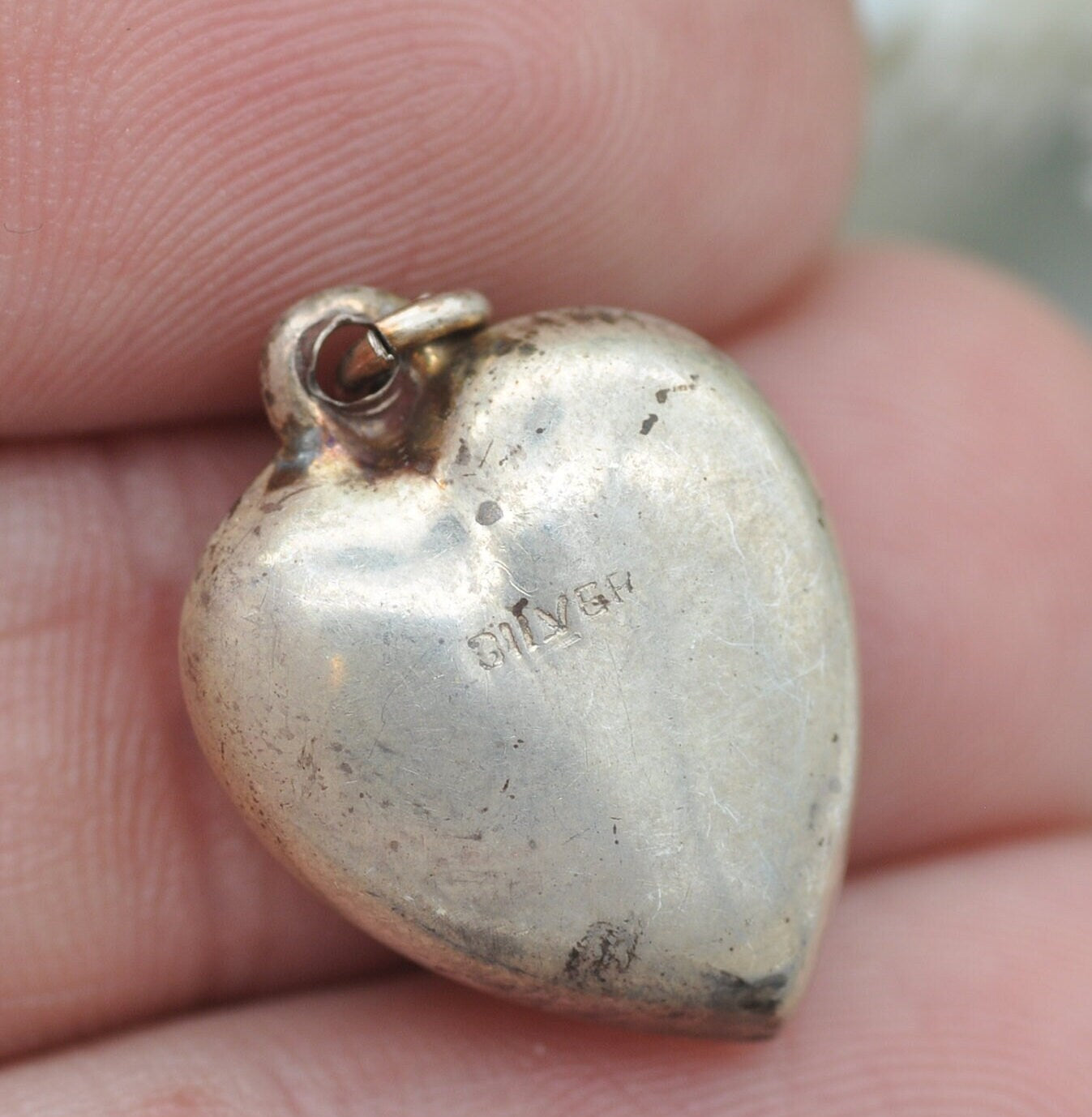 Antique Sterling Silver Puffed Heart Pendant Necklace with Hand Cut Design