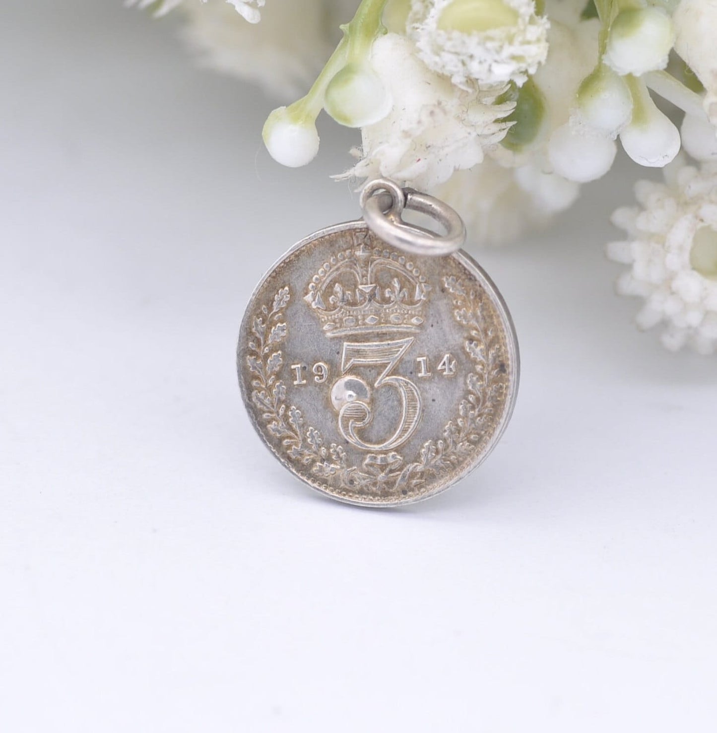 Antique Silver George V Three Pence 1914 Coin Charm Pendant