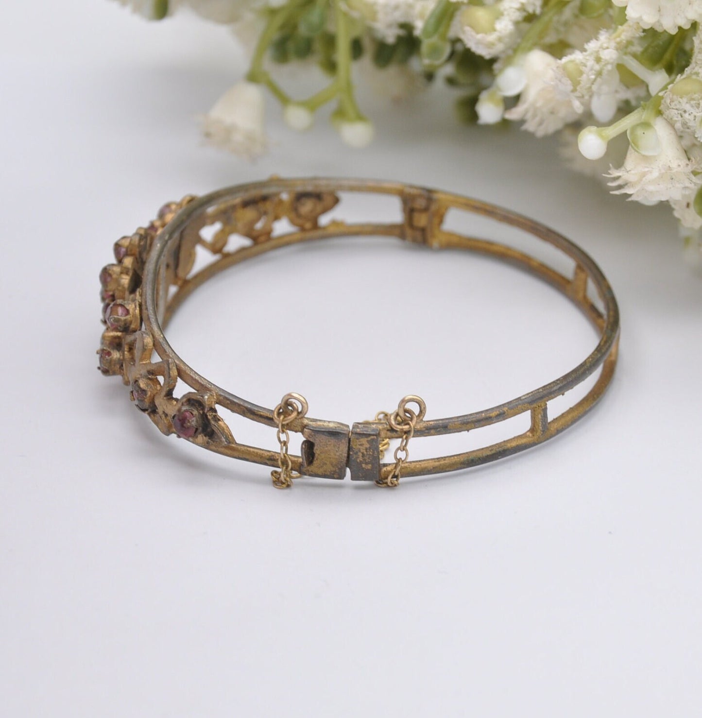 Antique Victorian Red Paste Flower Bangle Bracelet