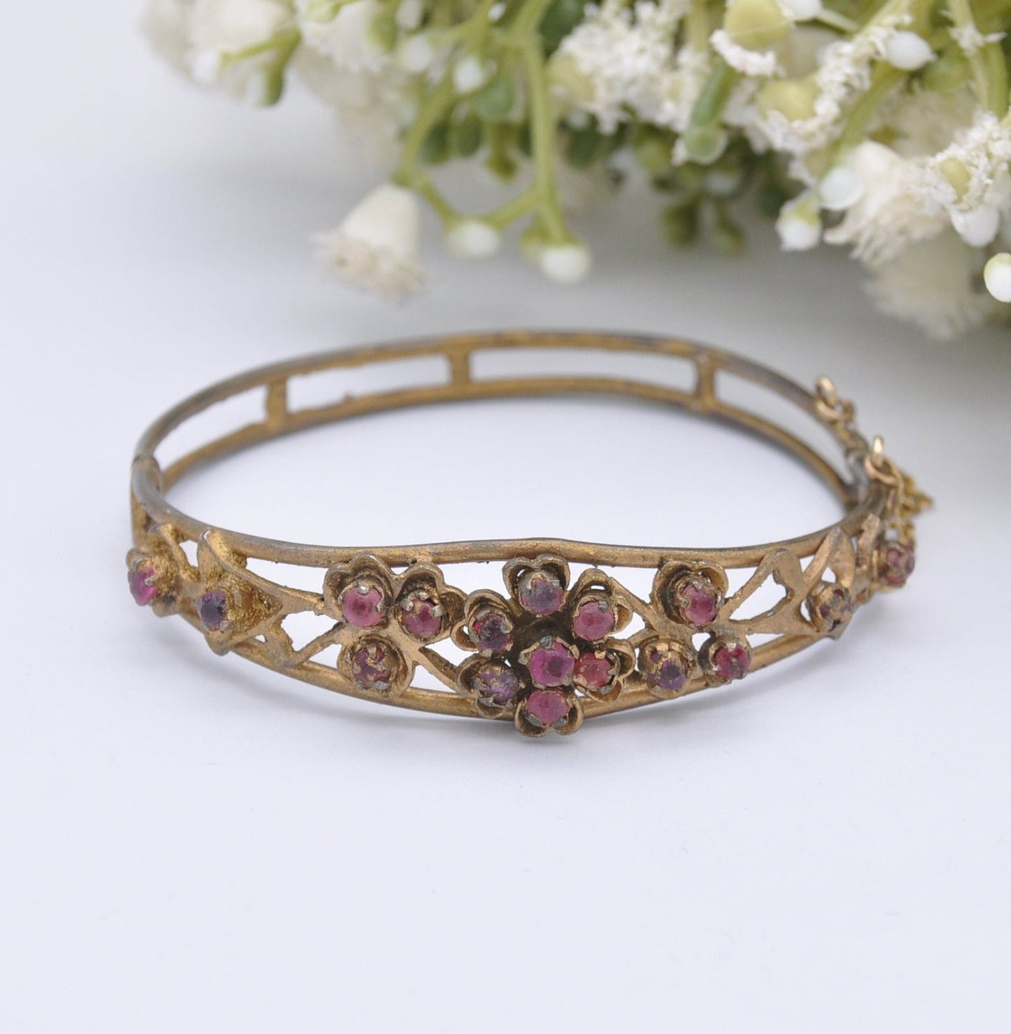 Antique Victorian Red Paste Flower Bangle Bracelet