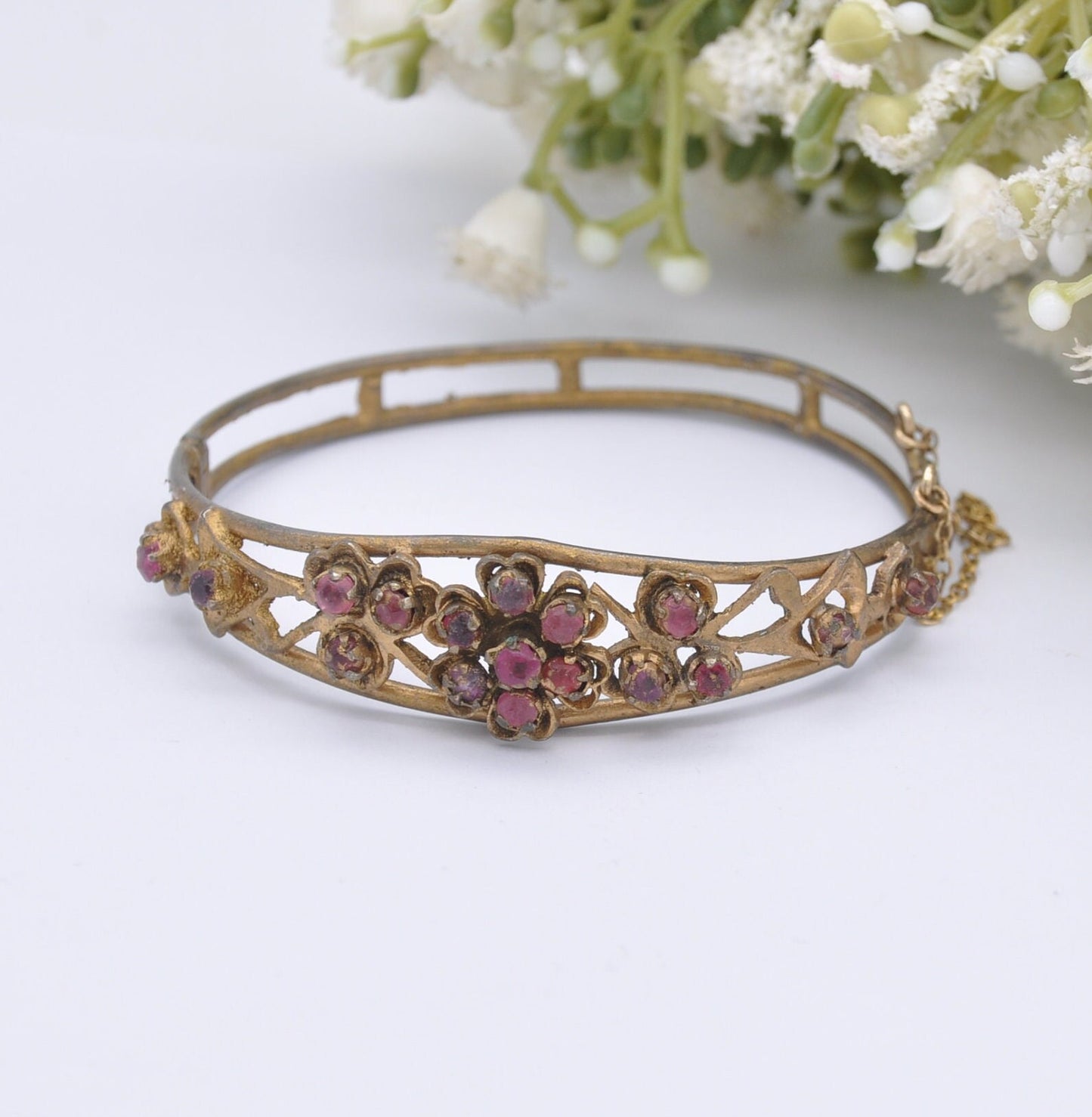 Antique Victorian Red Paste Flower Bangle Bracelet