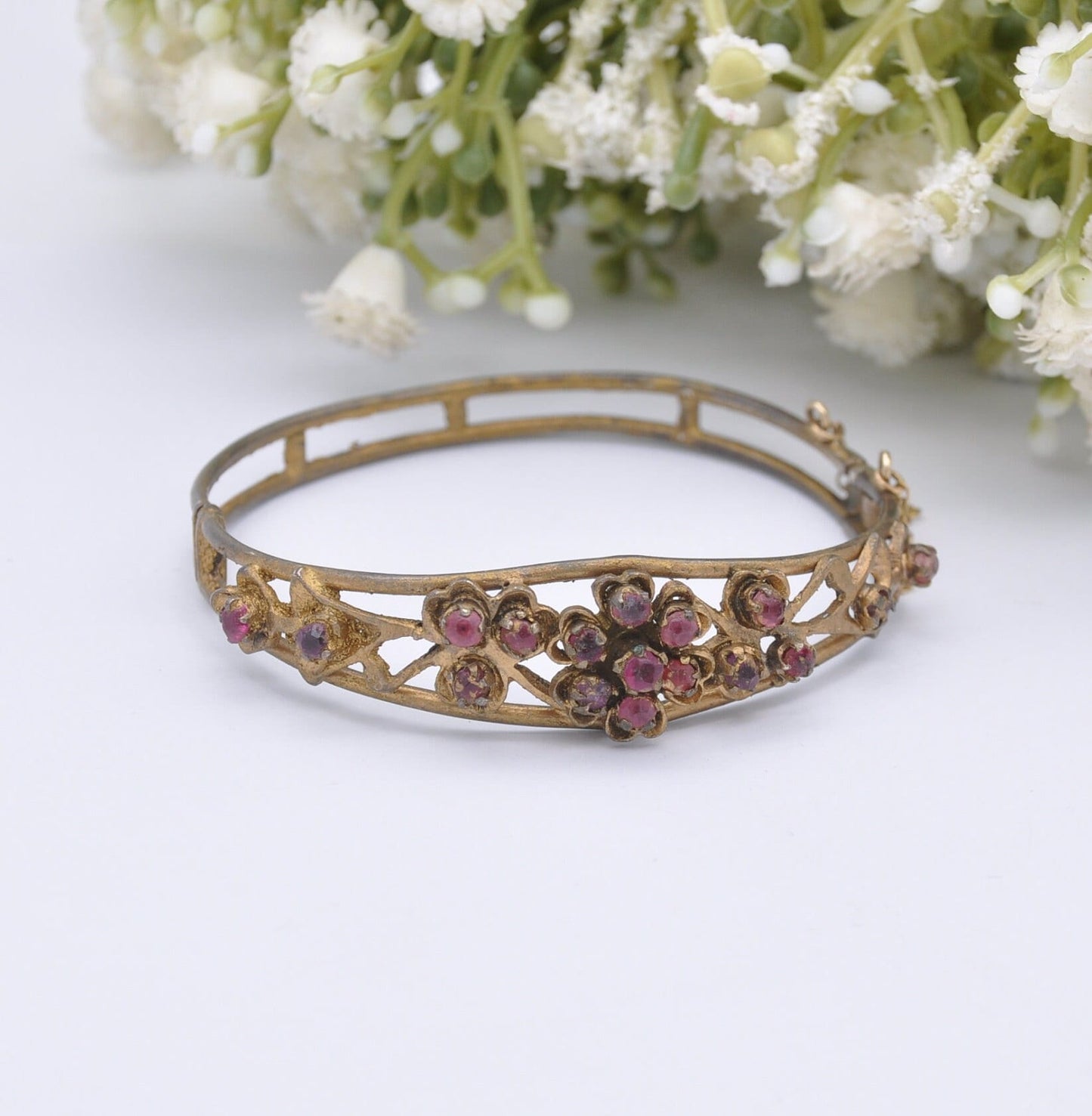 Antique Victorian Red Paste Flower Bangle Bracelet