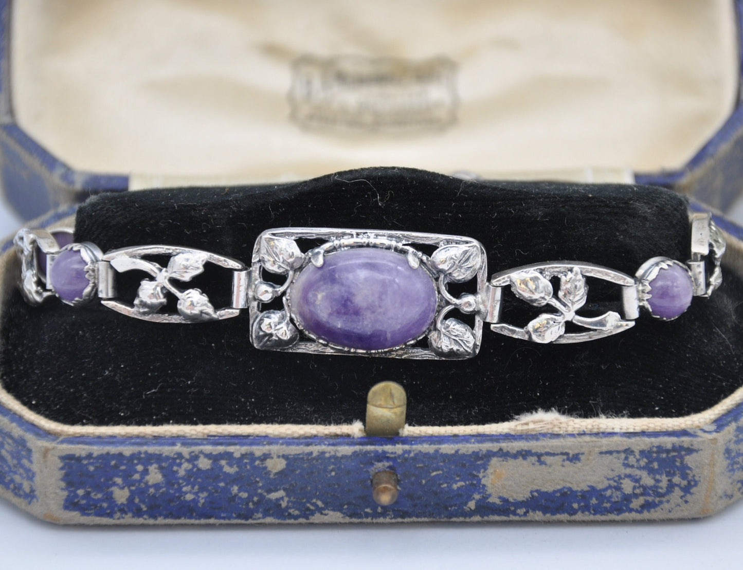 Vintage Sterling Silver Amethyst Bracelet - Floral Leaf Design