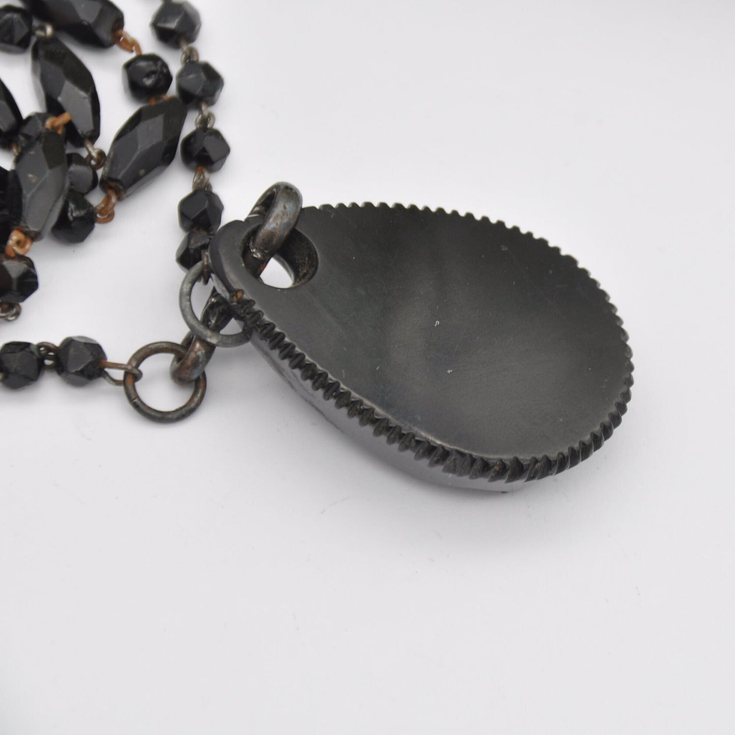 Antique Victorian Jet and Fossil Ammonite Pendant on a Long French Jet Guard Chain | Muff Chain