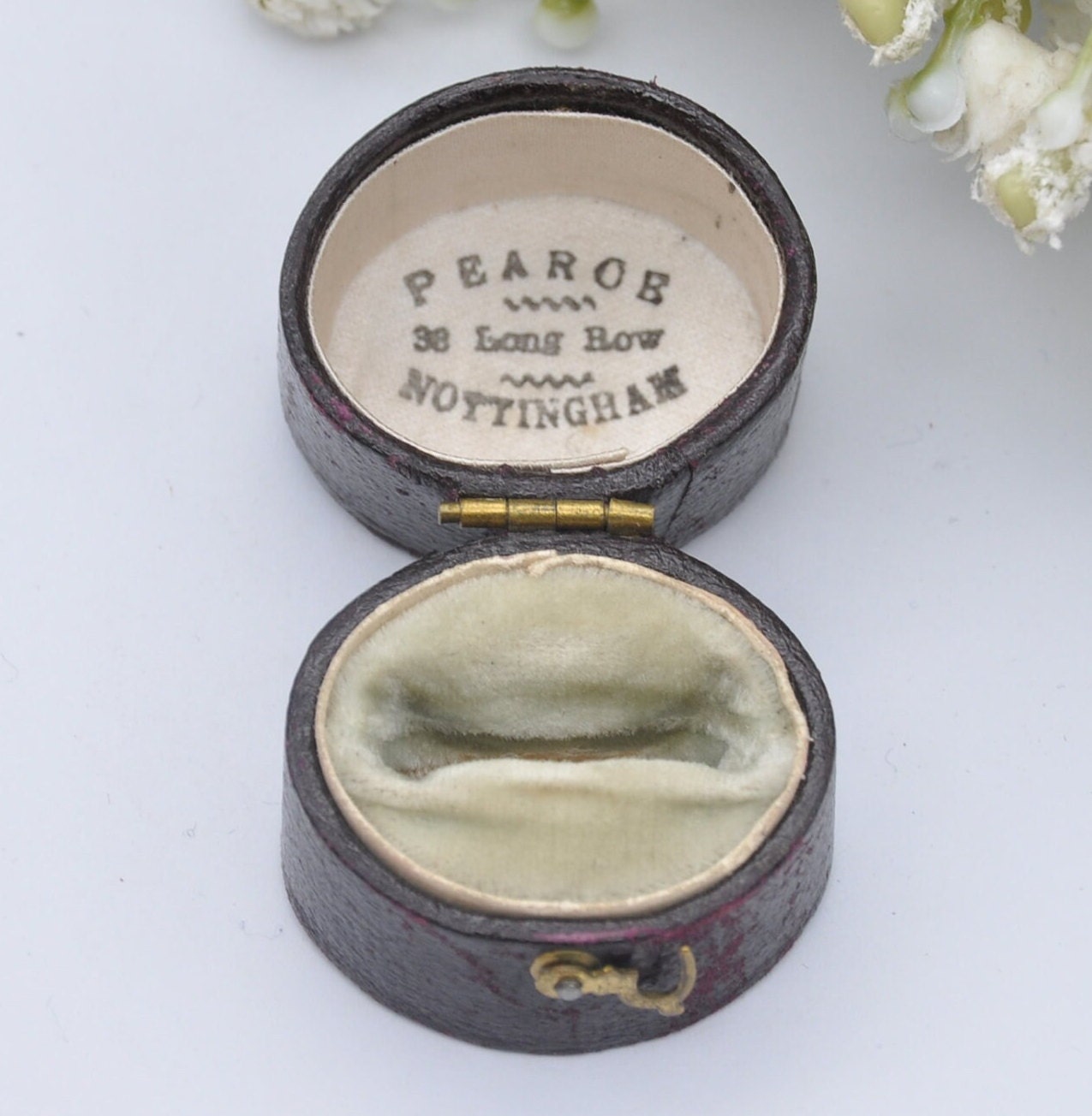 Antique Leather Oval Ring Box with Clasp Front - Pearce Nottingham Jewellers | Silk and Velvet Lined