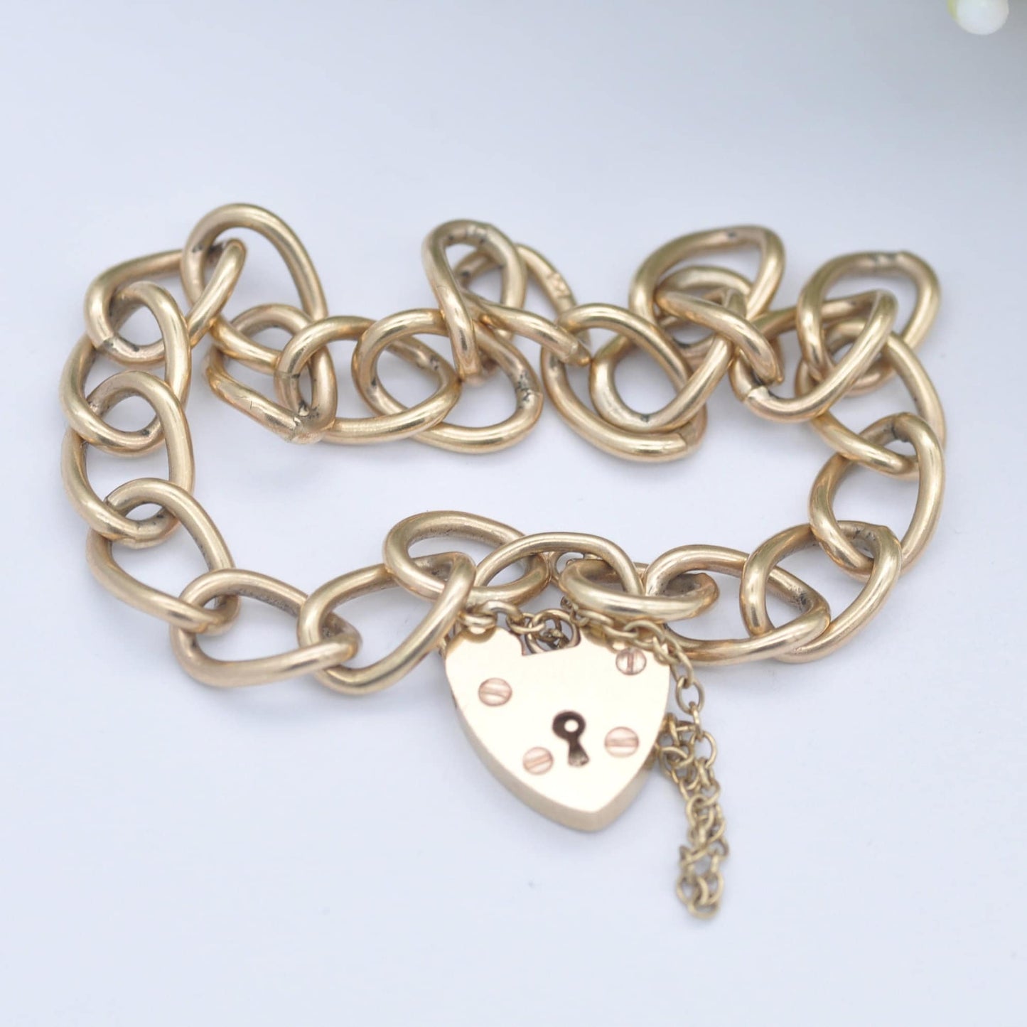 Vintage 9ct Gold Heart Padlock Clasp Curb Link Chain Bracelet 1973