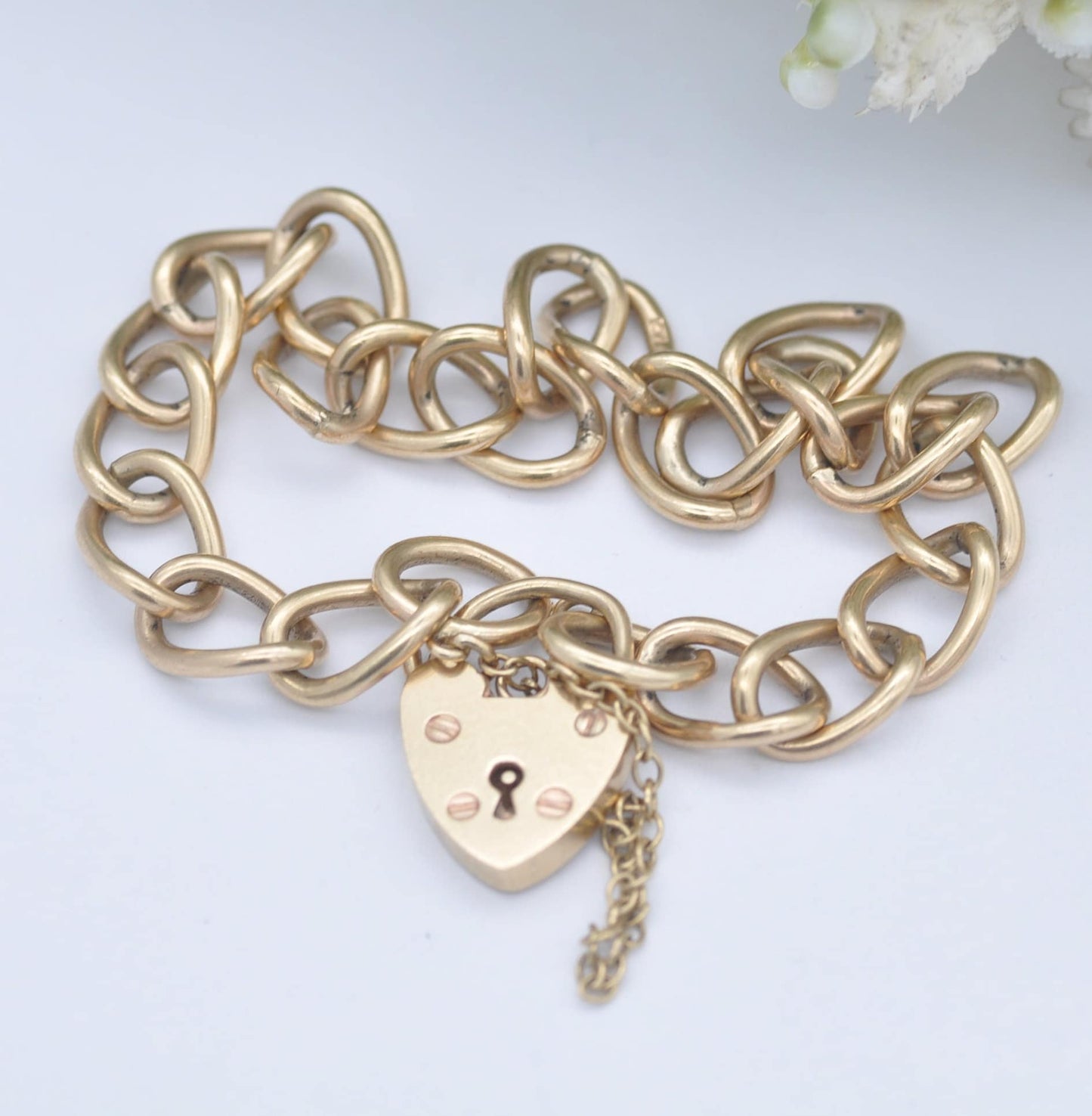 Vintage 9ct Gold Heart Padlock Clasp Curb Link Chain Bracelet 1973
