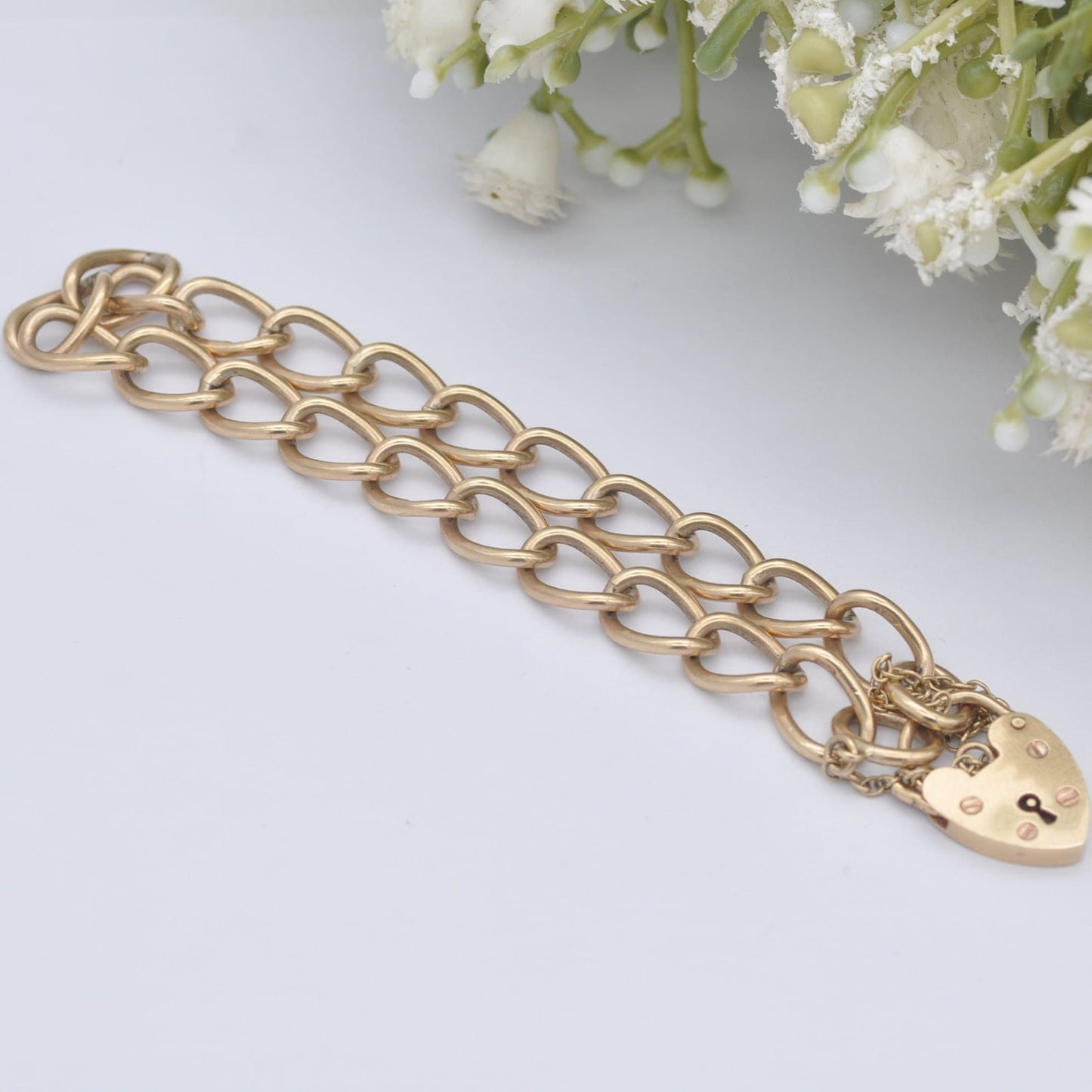 Vintage 9ct Gold Heart Padlock Clasp Curb Link Chain Bracelet 1973
