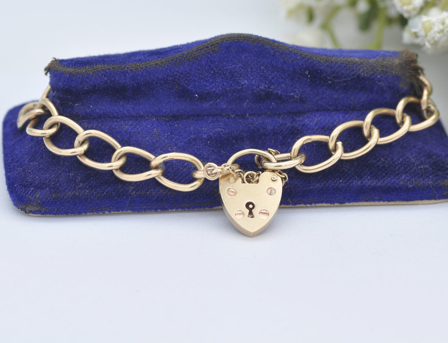 Vintage 9ct Gold Heart Padlock Clasp Curb Link Chain Bracelet 1973
