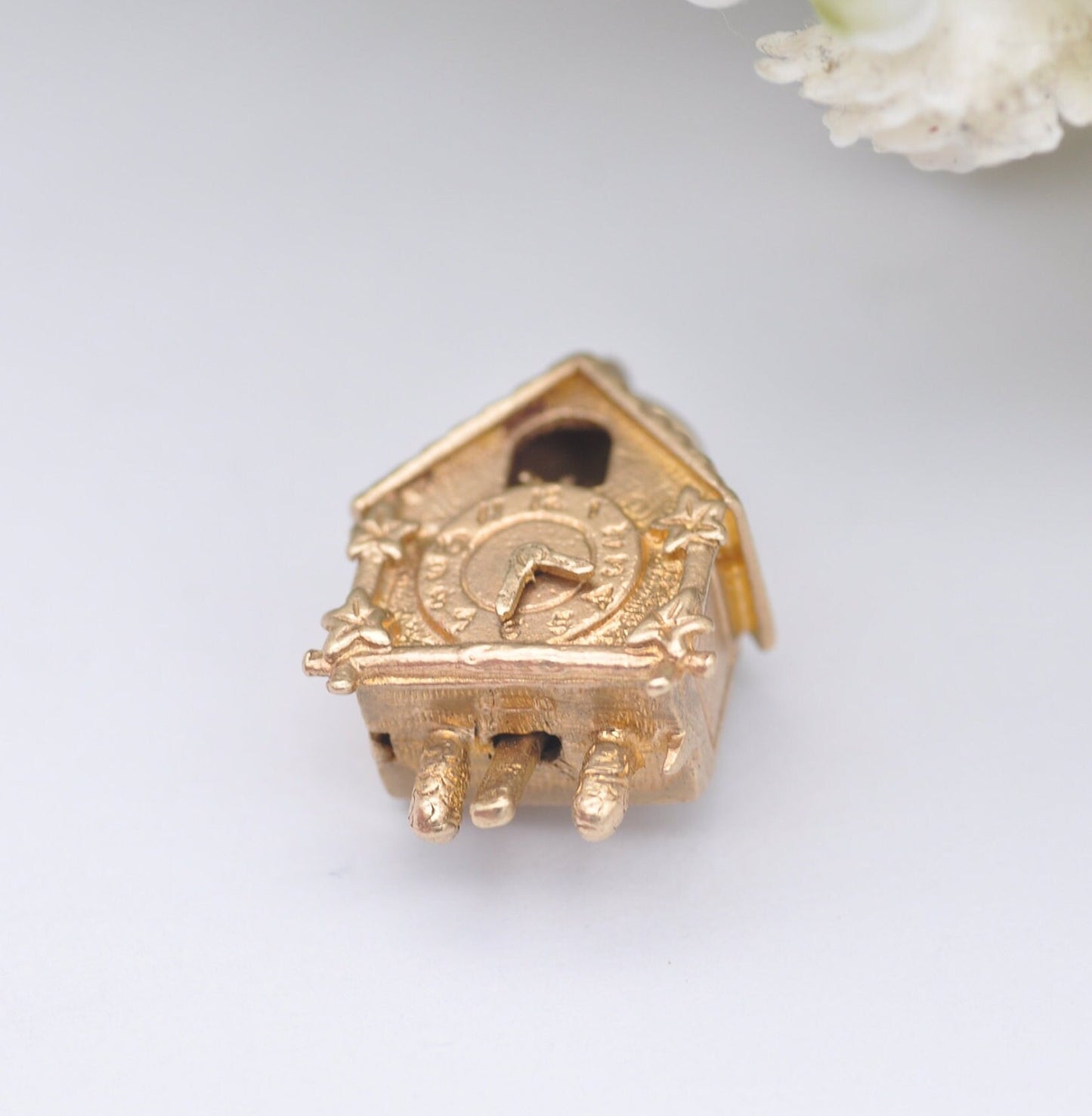 Vintage 9ct Gold Cuckoo Clock Charm Pendant 1968 with Articulated Moving Hands and Bird