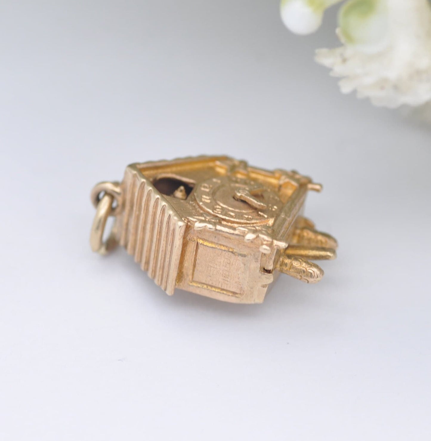 Vintage 9ct Gold Cuckoo Clock Charm Pendant 1968 with Articulated Moving Hands and Bird